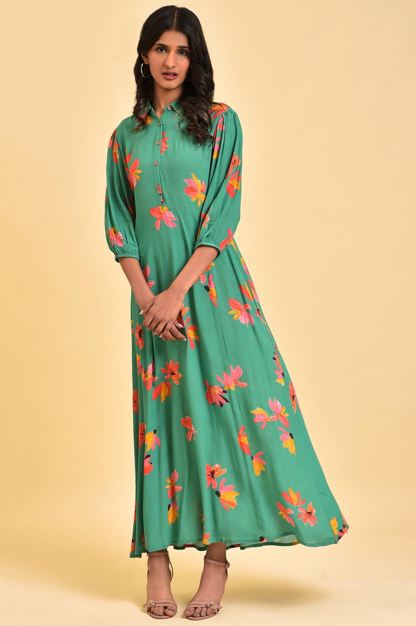 Green Floral Printed Long Shirt Dress XS