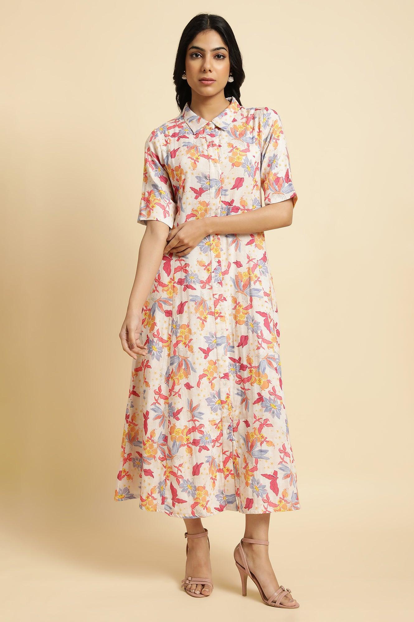 Ecru Floral Printed Cotton Long Shirt Dress XS