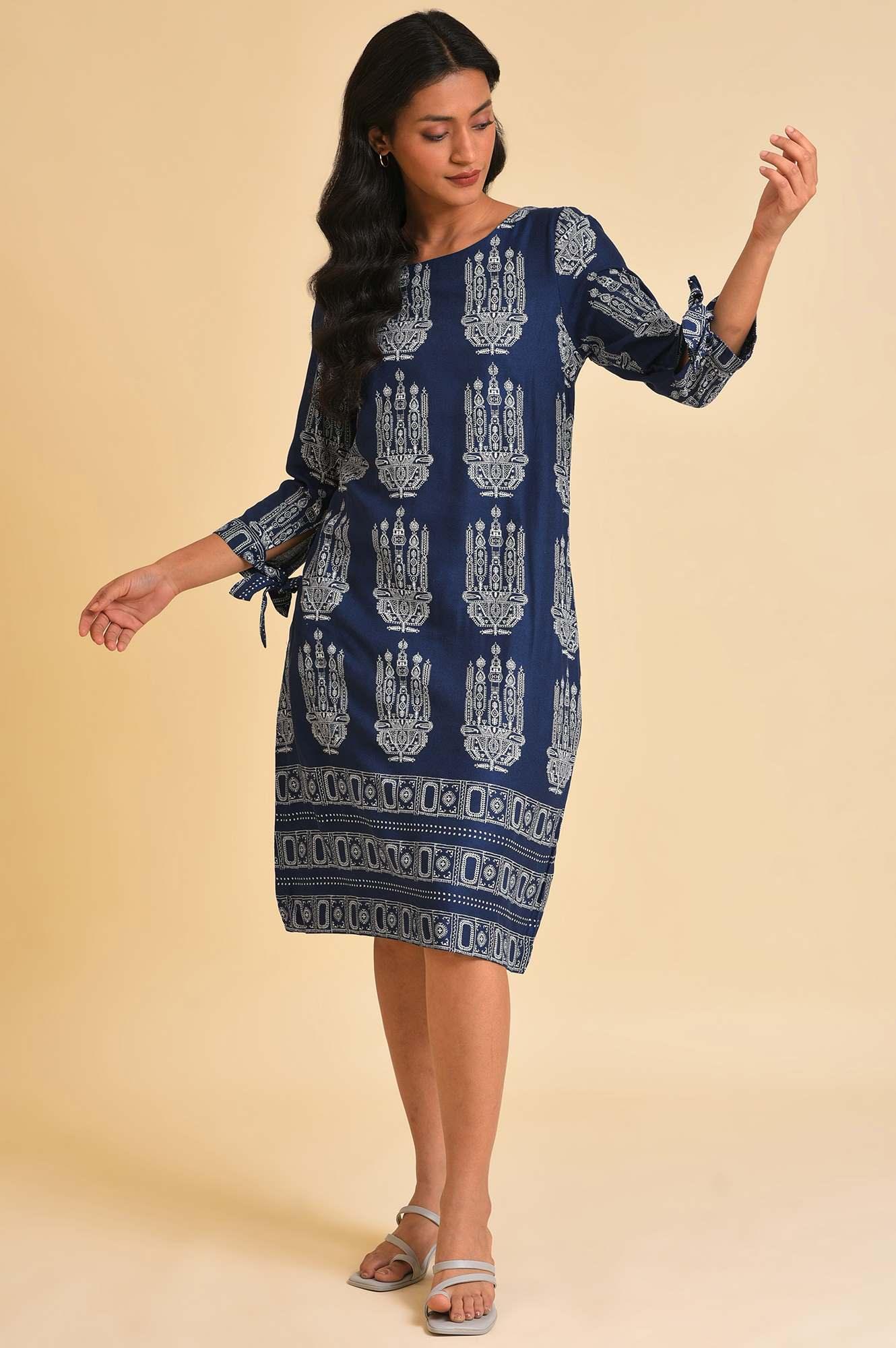 Blue Geometric Print Straight Dress XS - Main Image