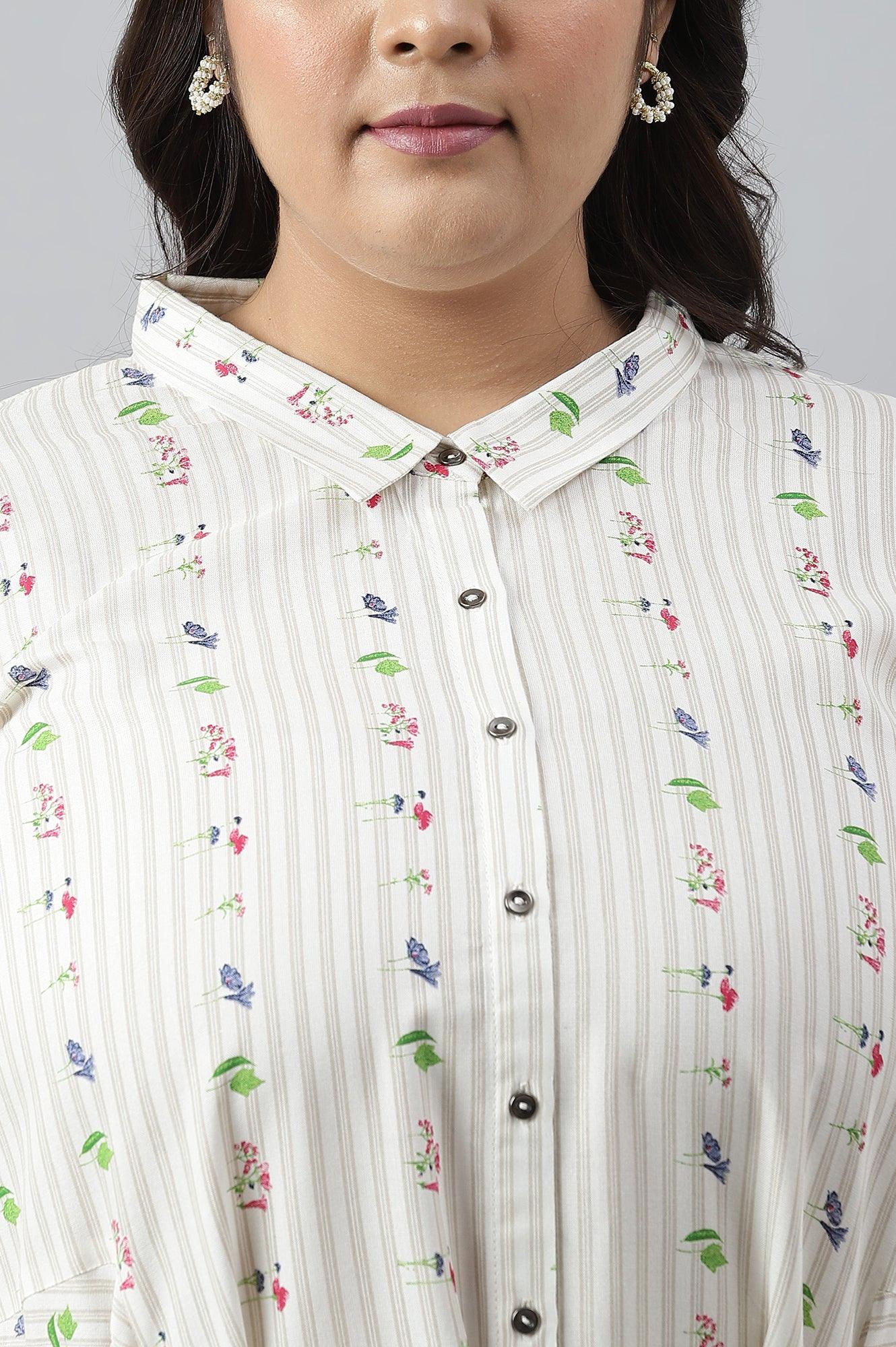 Ecru Printed Summer Plus Size Shirt Dress - wforwoman