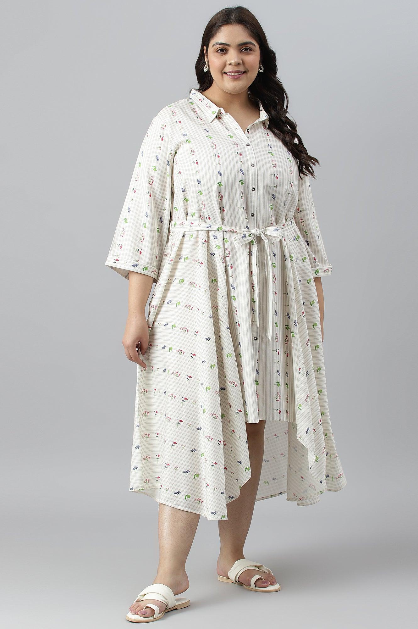Ecru Printed Summer Plus Size Shirt Dress - wforwoman