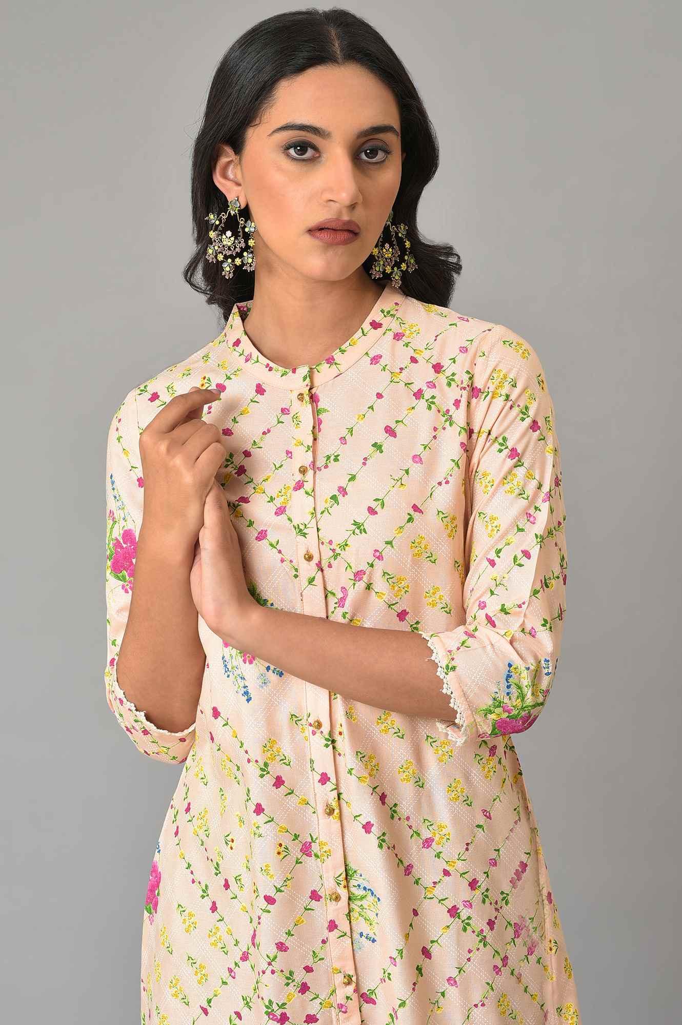 Light Orange A-Line Floral Printed kurta - wforwoman