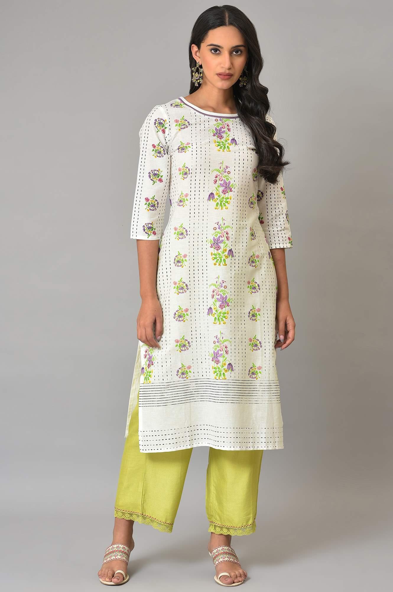 Ecru Floral Printed Cotton kurta - wforwoman