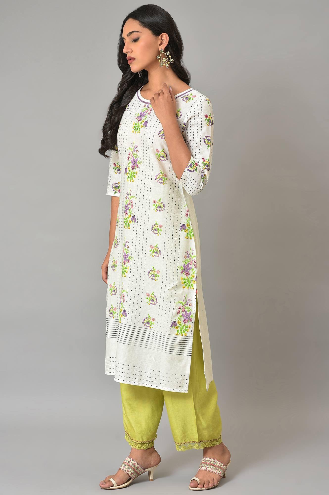 Ecru Floral Printed Cotton kurta - wforwoman