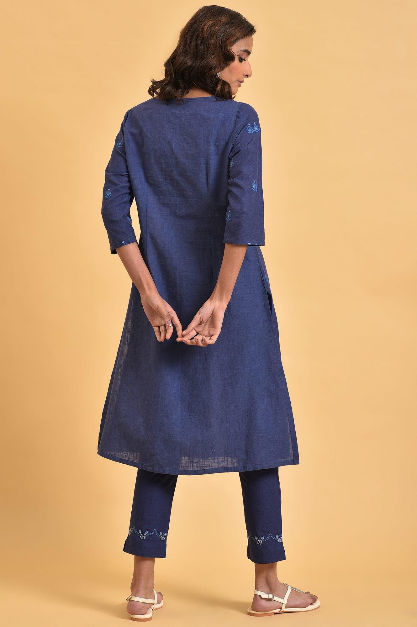 Navy Blue Floral Printed Round Neck kurta - wforwoman
