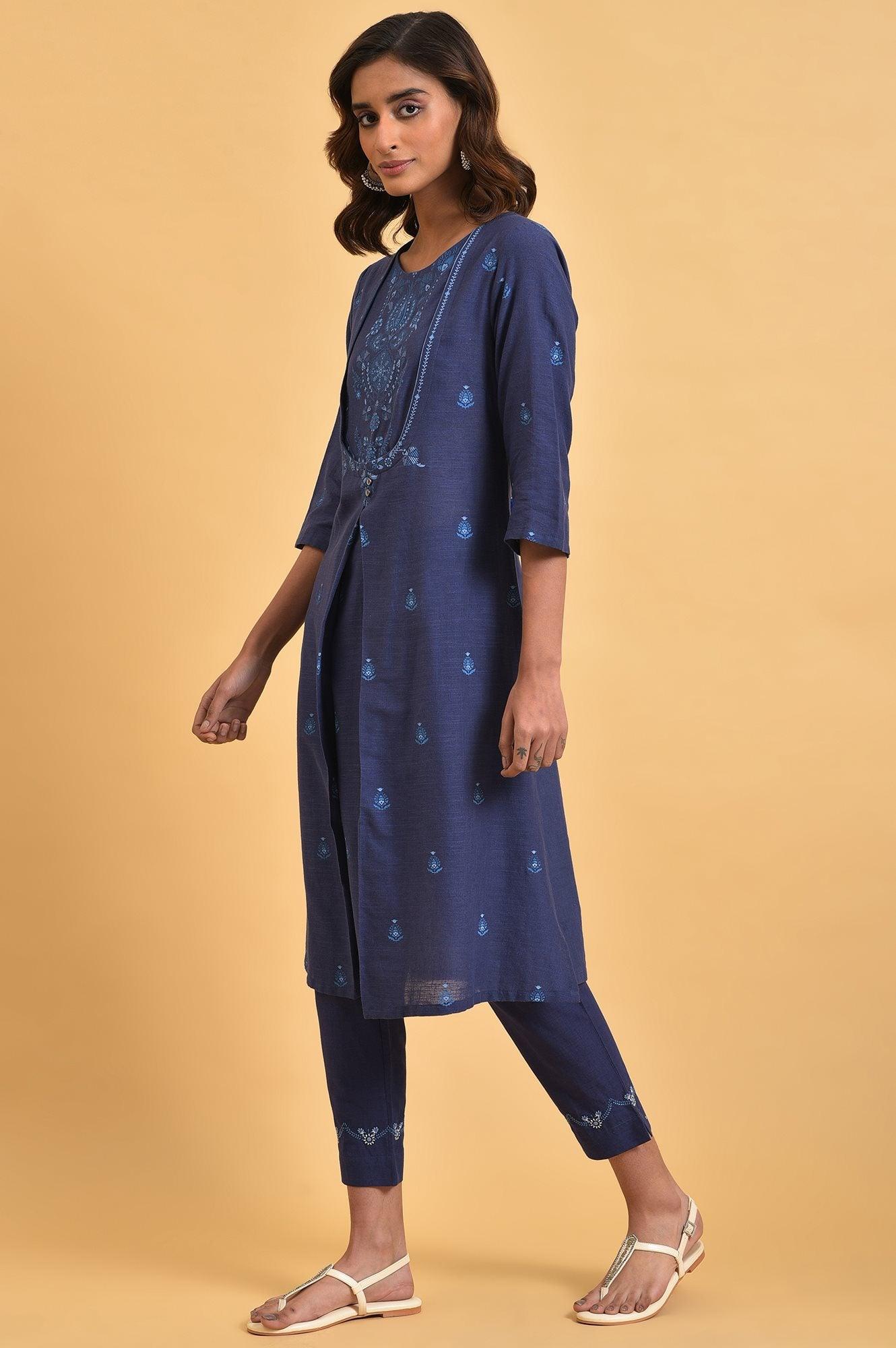 Navy Blue Floral Printed Round Neck kurta - wforwoman
