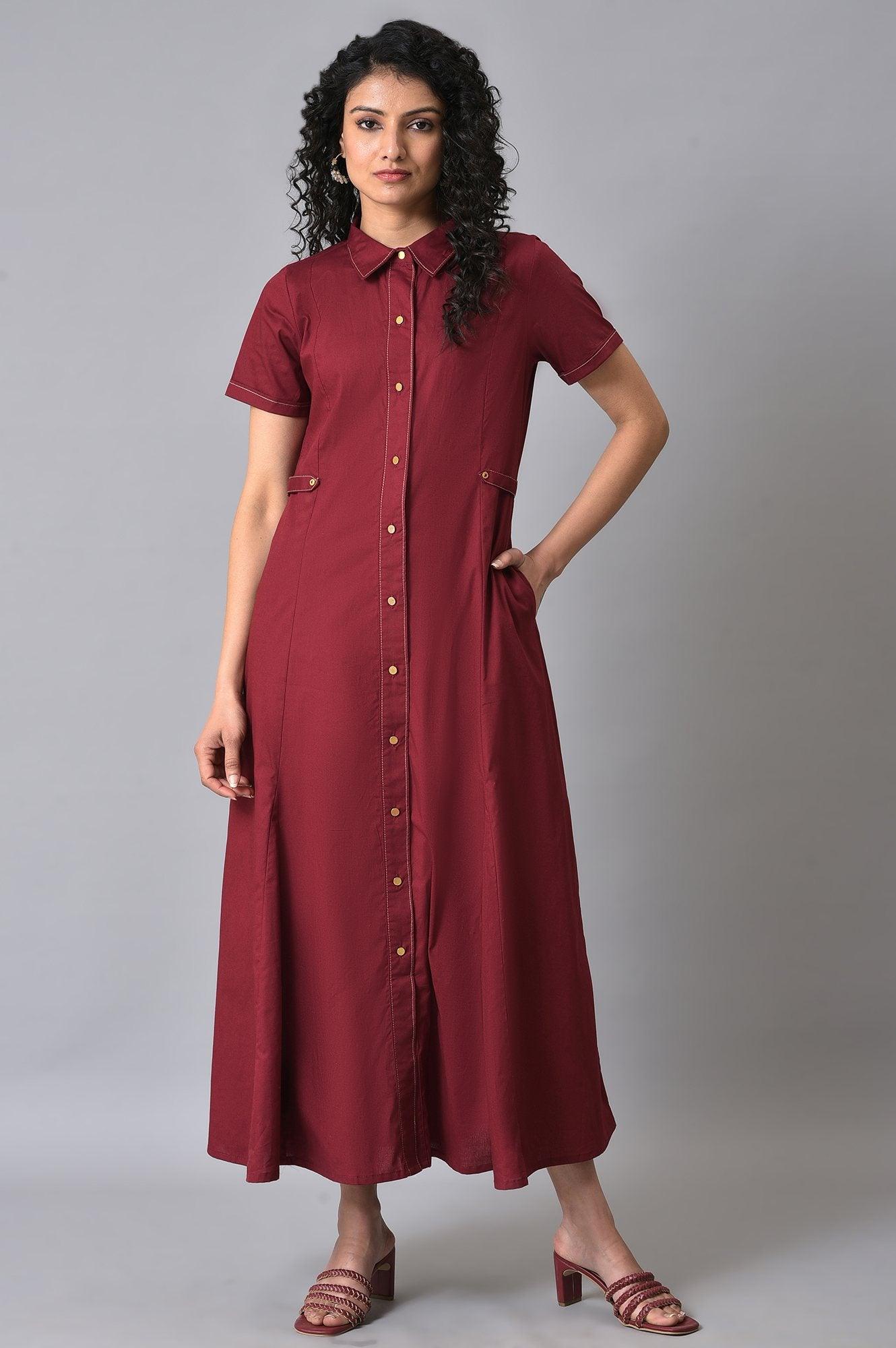 Maroon Cotton Plus Size Shirt Dress 4XL