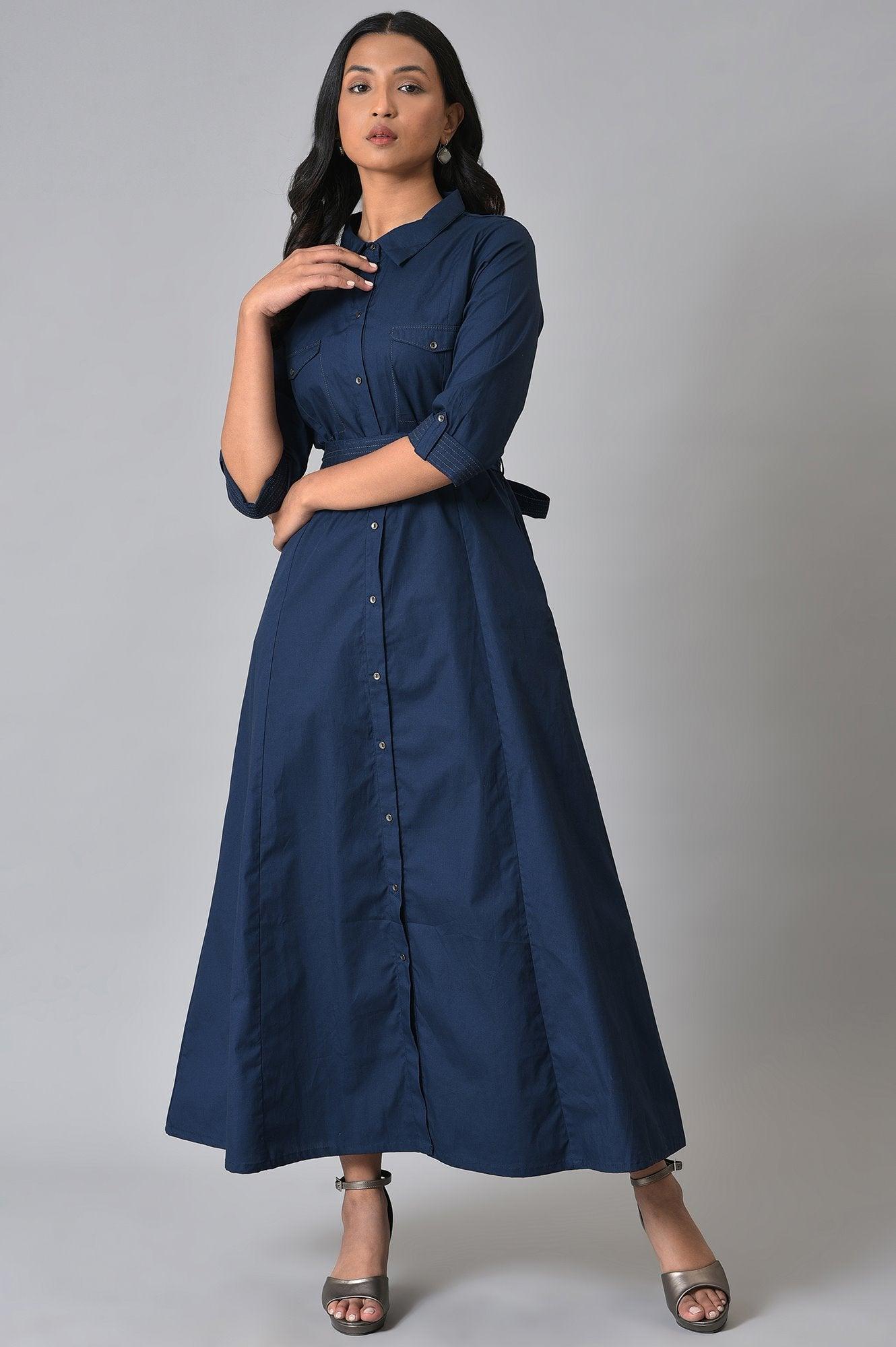 Navy Blue Cotton Plus Size Belted Shirt Dress 20 - Main Image