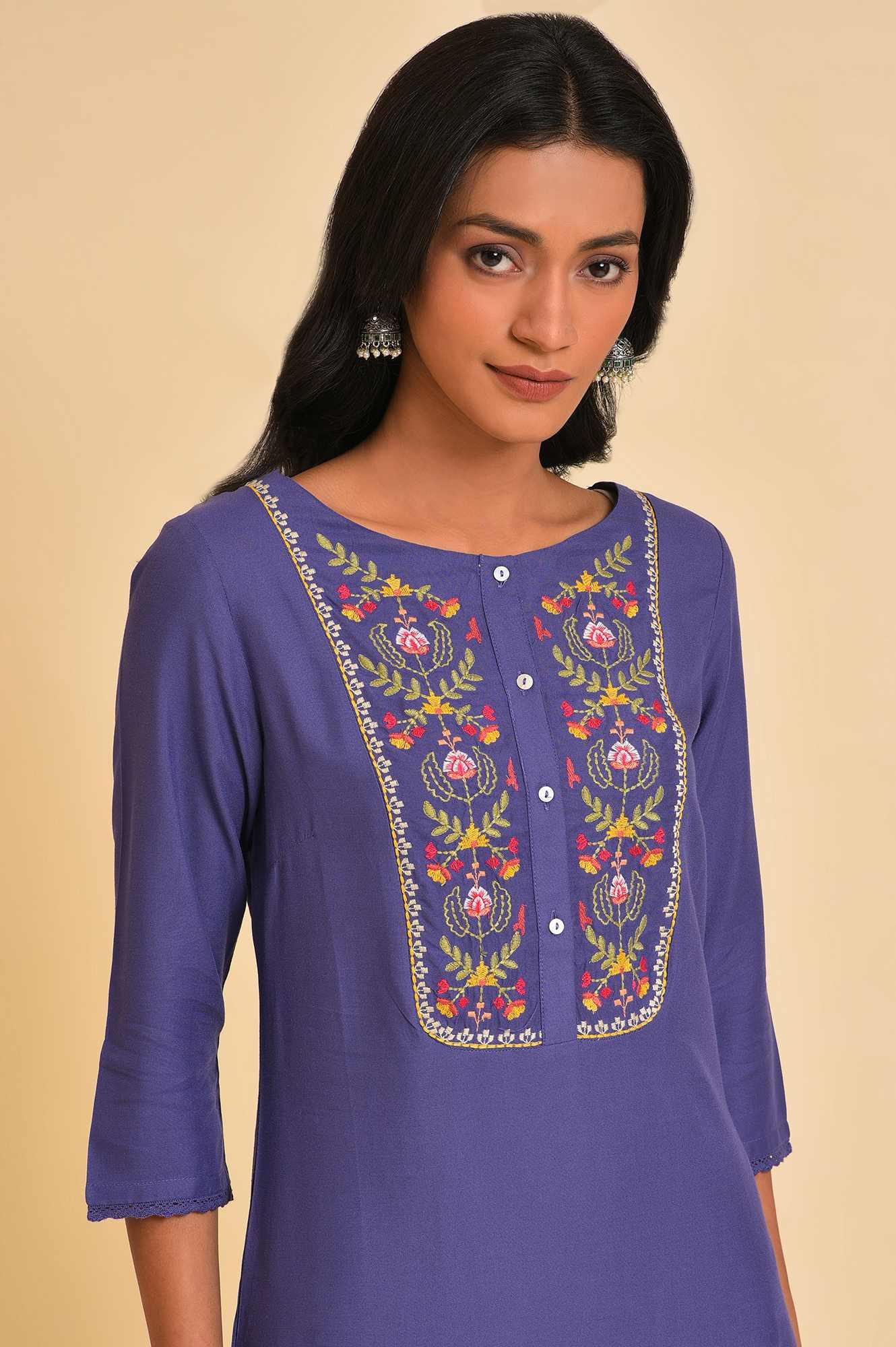 Purple Straight kurta With Embroidered Yoke - wforwoman