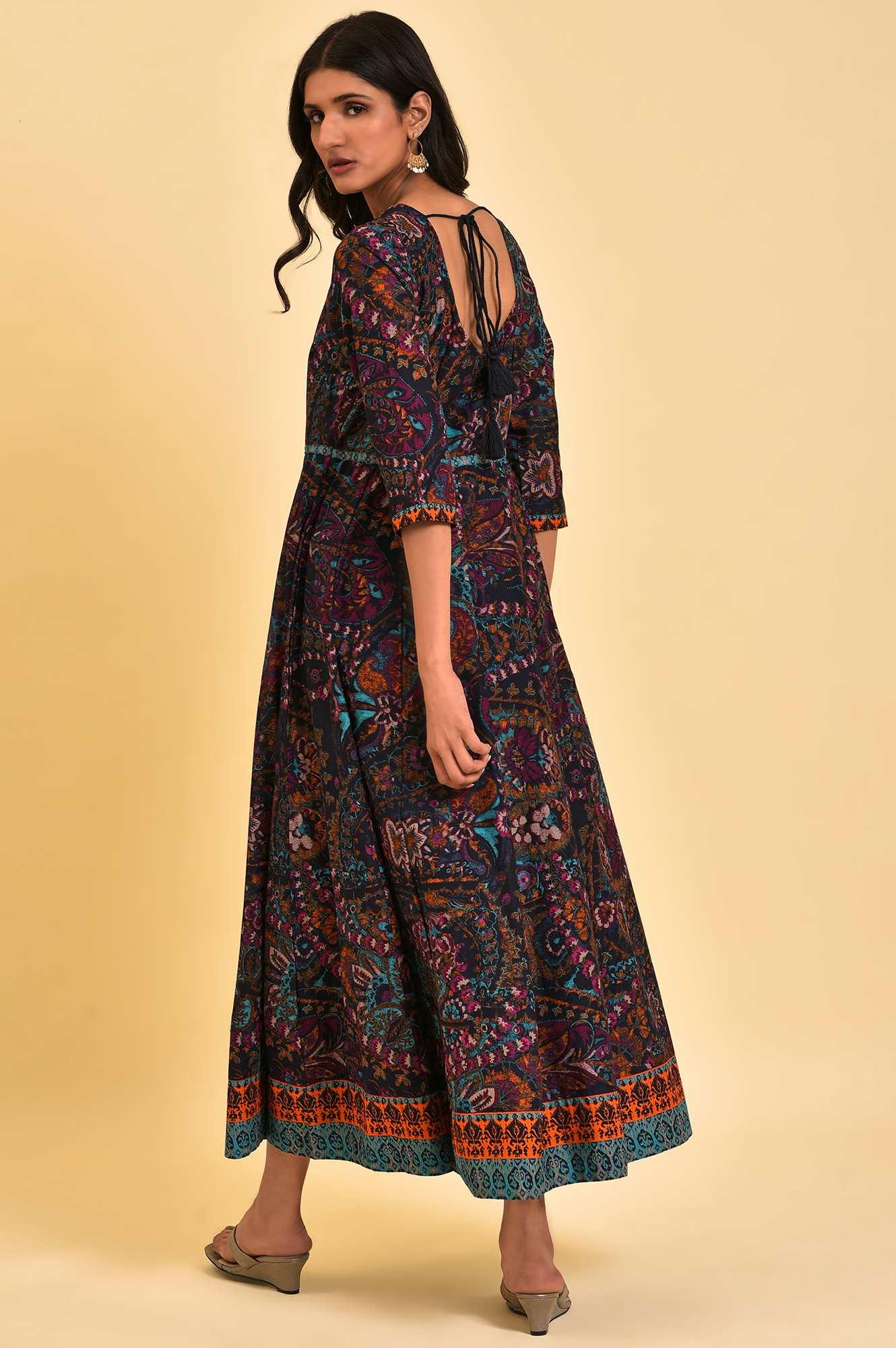 Blue Printed Kalidar Long Dress - wforwoman