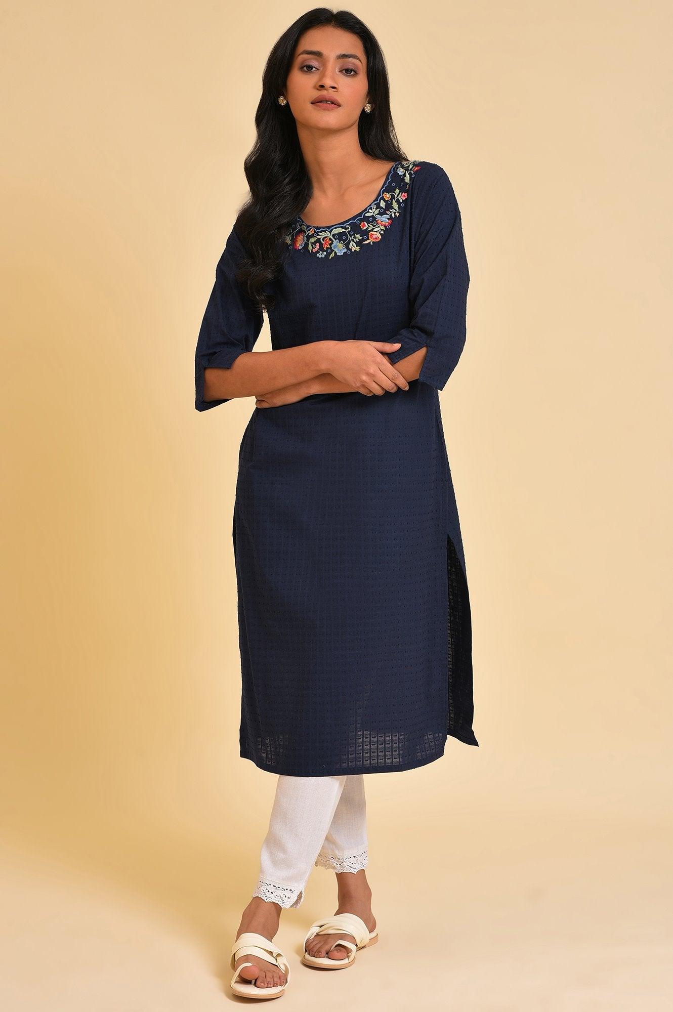 Navy Blue Textured kurta In Embroidered Neck - wforwoman