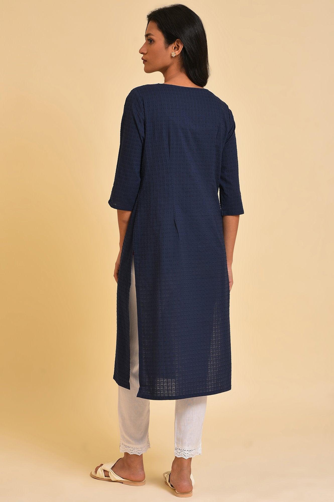 Navy Blue Textured kurta In Embroidered Neck - wforwoman