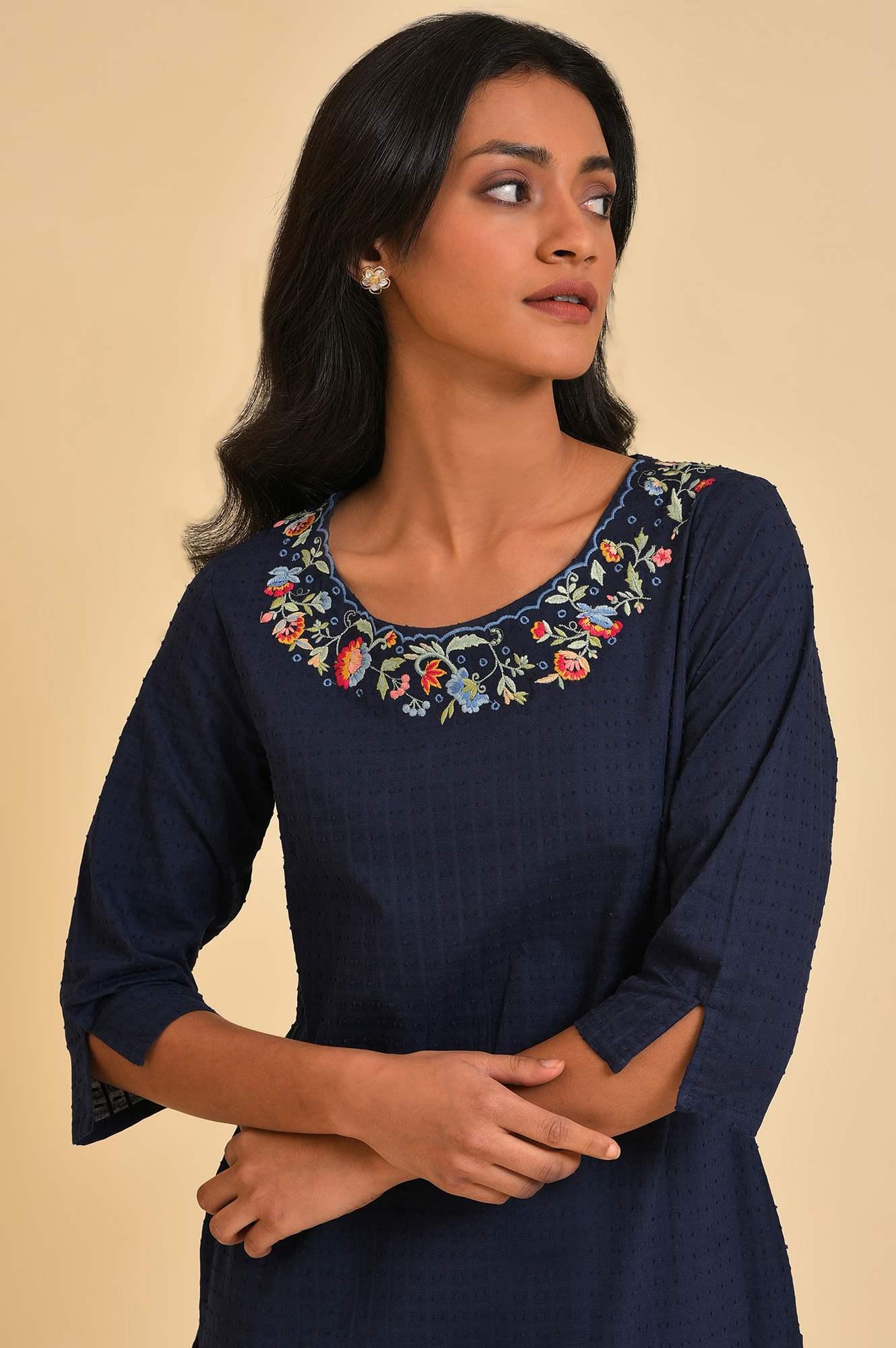 Navy Blue Textured kurta In Embroidered Neck - wforwoman