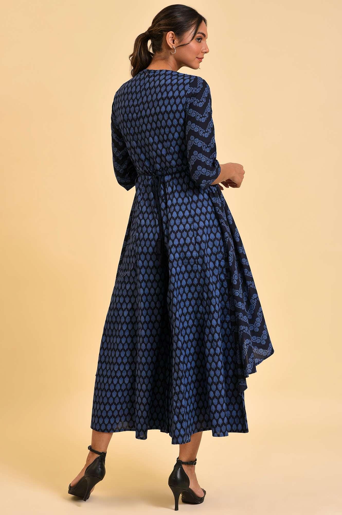 Blue Printed Kimono Jumpsuit With Belt - wforwoman