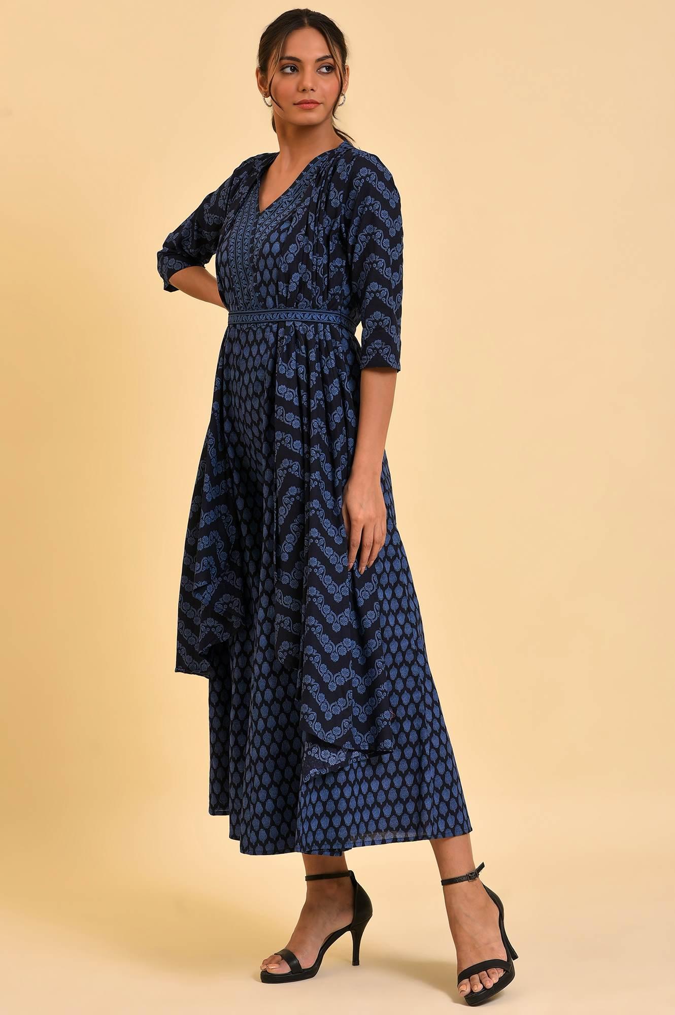 Blue Printed Kimono Jumpsuit With Belt - wforwoman