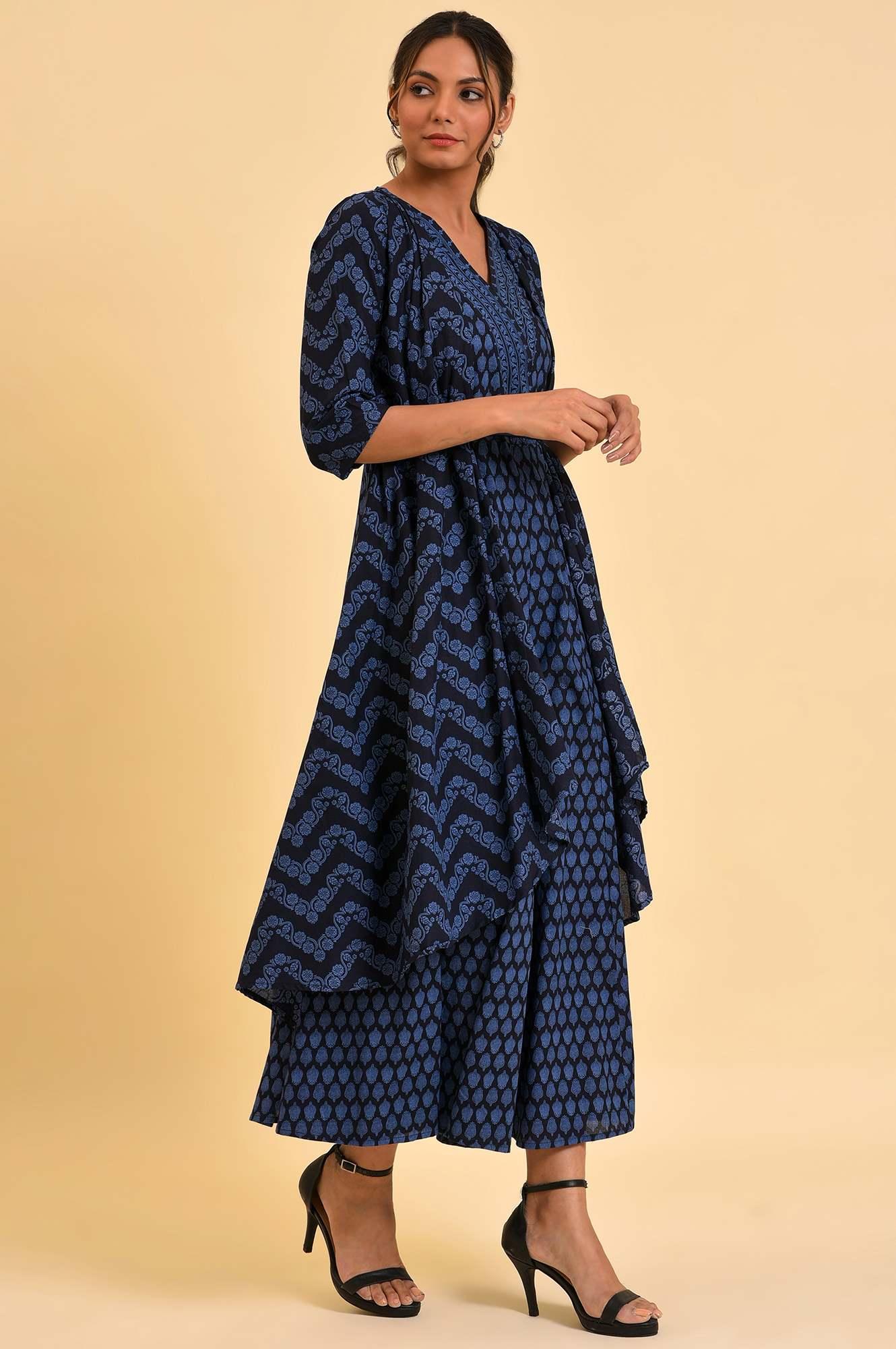 Blue Printed Kimono Jumpsuit With Belt - wforwoman