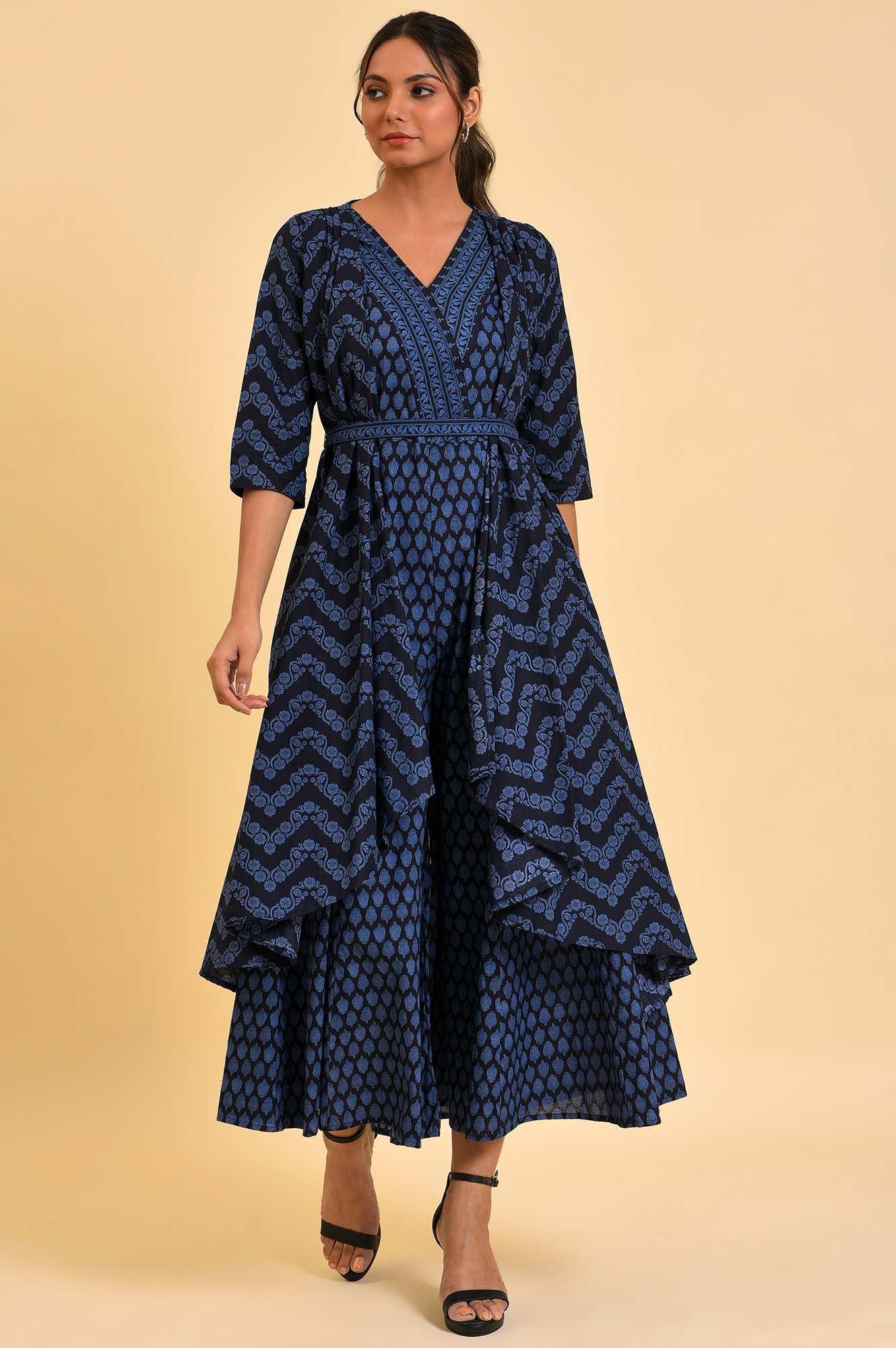 Blue Printed Kimono Jumpsuit With Belt - wforwoman