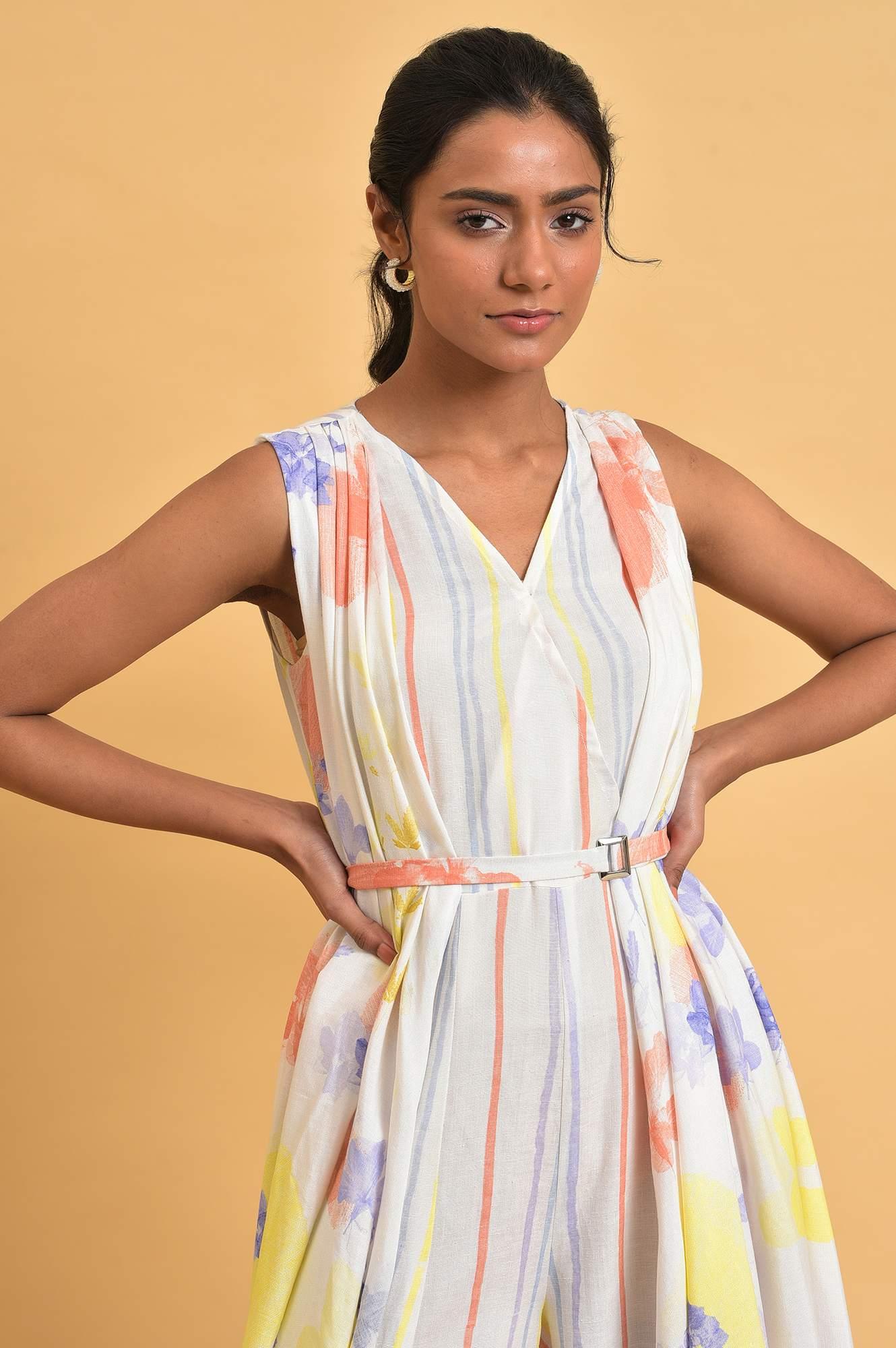 Ecru Print Mix Sleeveless Jumpsuit - wforwoman