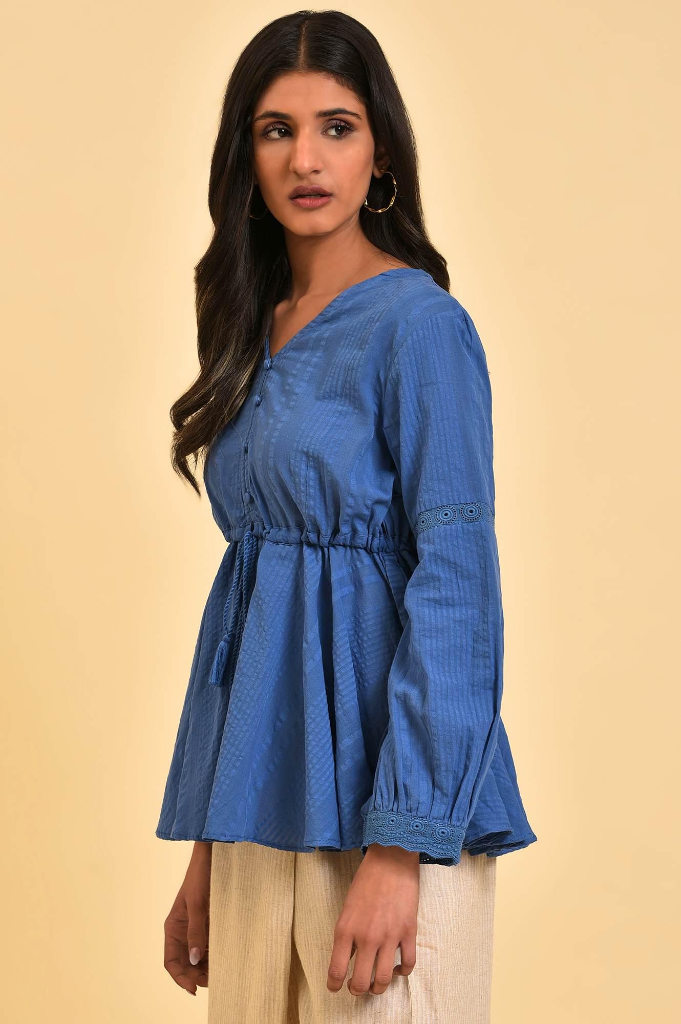 Blue Seer Sucker Peplum Top - wforwoman