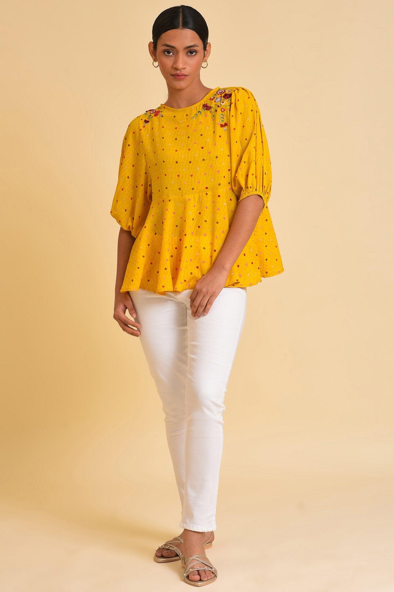 Yellow Embroidered Peplum Top - wforwoman