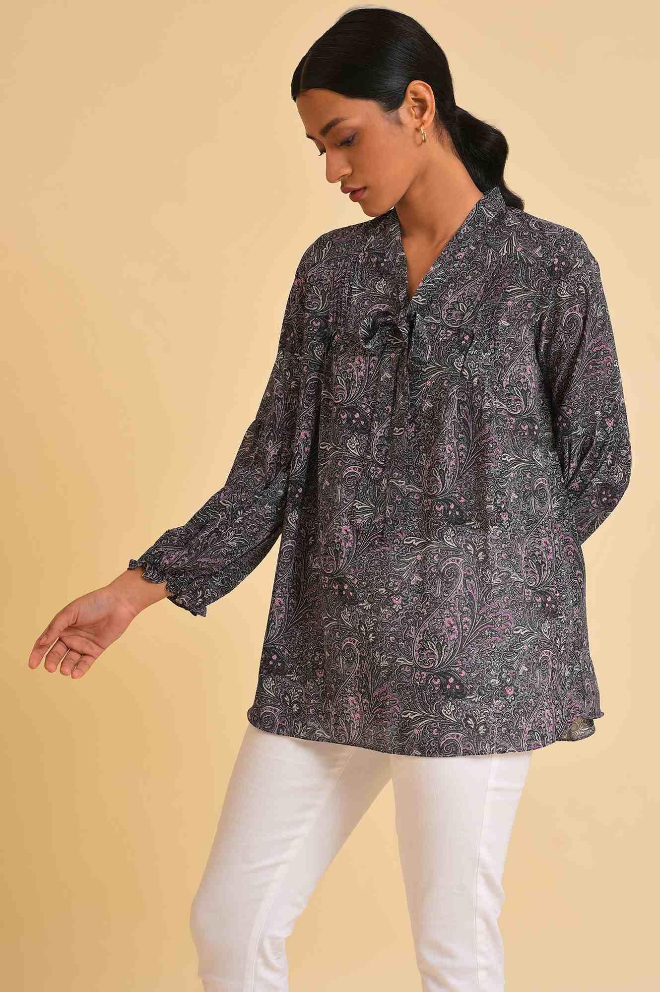 Black Paisley Printed A-Line Top - wforwoman