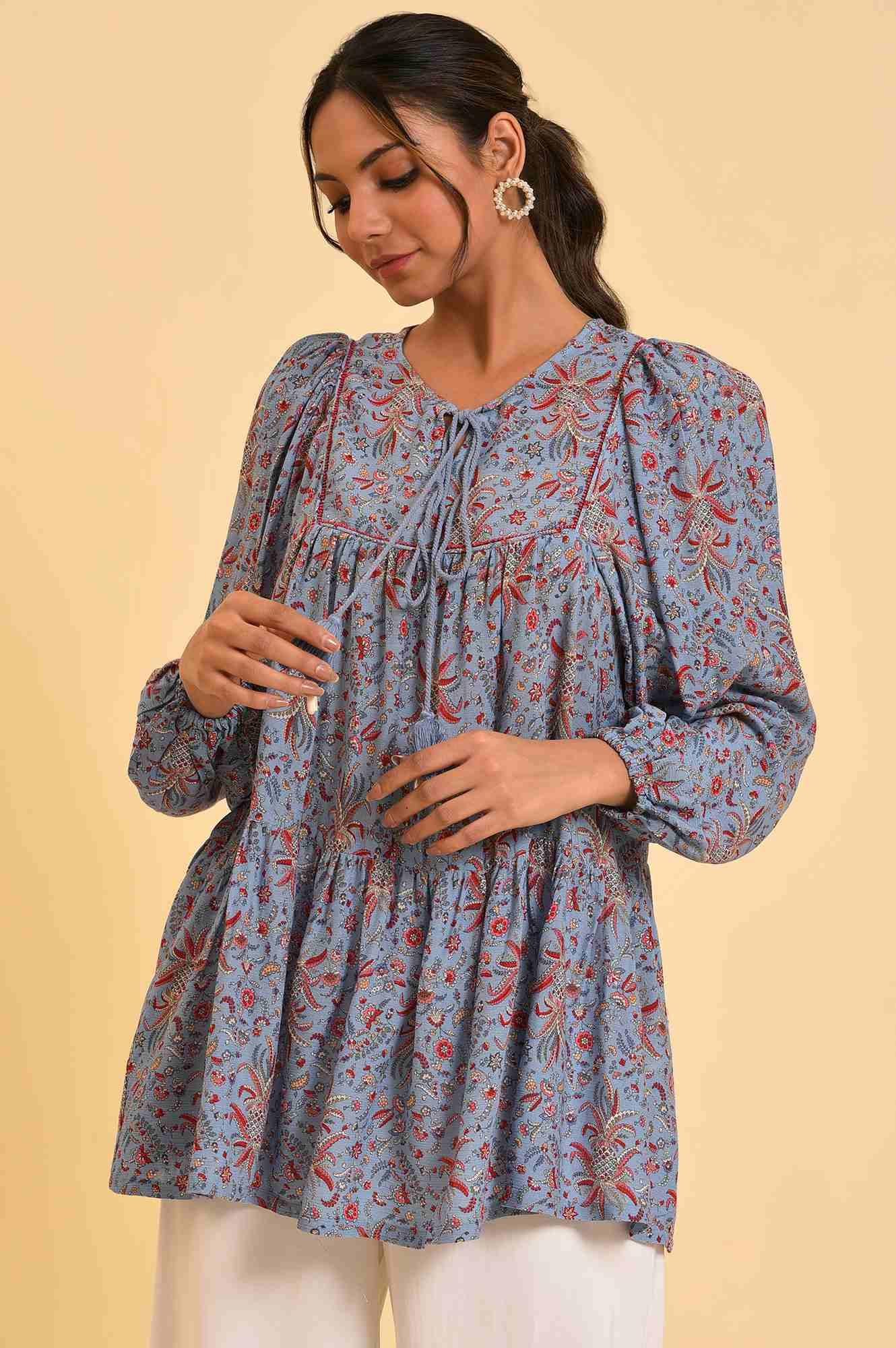 Blue Floral Printed A-Line Top - wforwoman