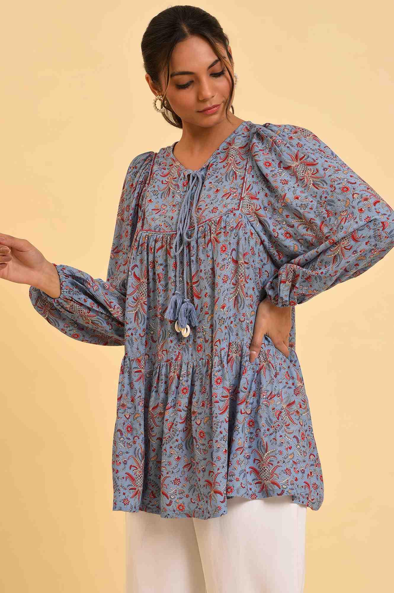 Blue Floral Printed A-Line Top - wforwoman