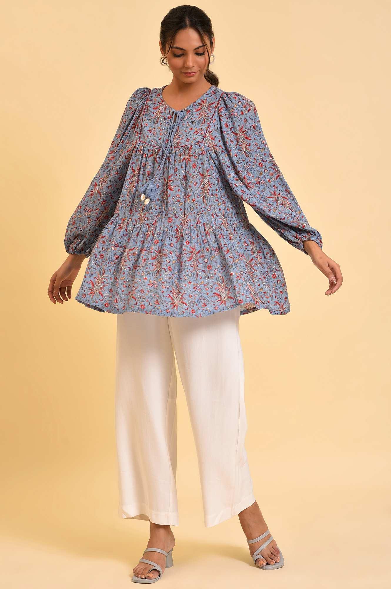 Blue Floral Printed A-Line Top - wforwoman