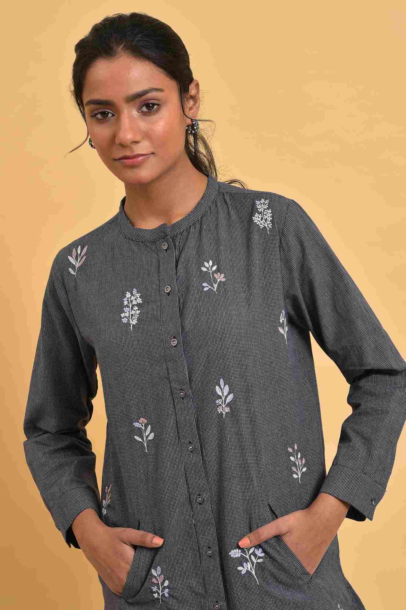 Grey Checker Embroidered Western Tunic - wforwoman