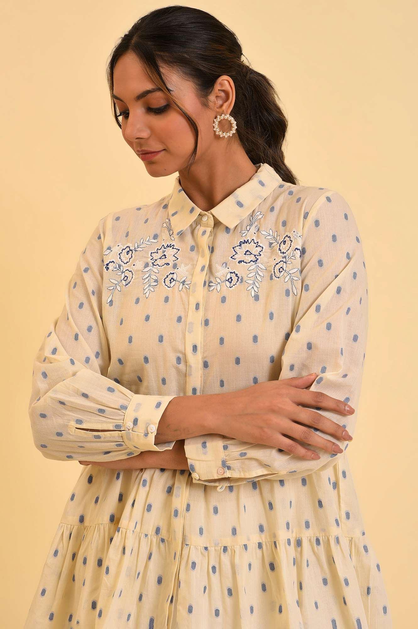 Biege Cotton Textured Top With Embroidery - wforwoman