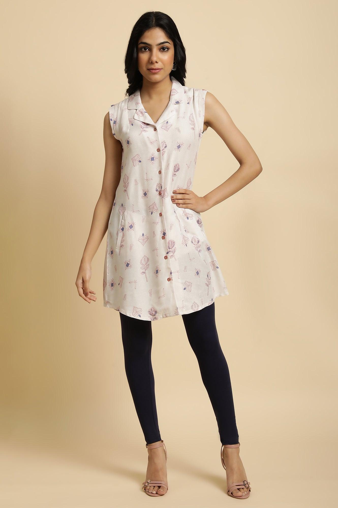 Ecru Lapel Collar Summer Sleeveless Tunic - wforwoman