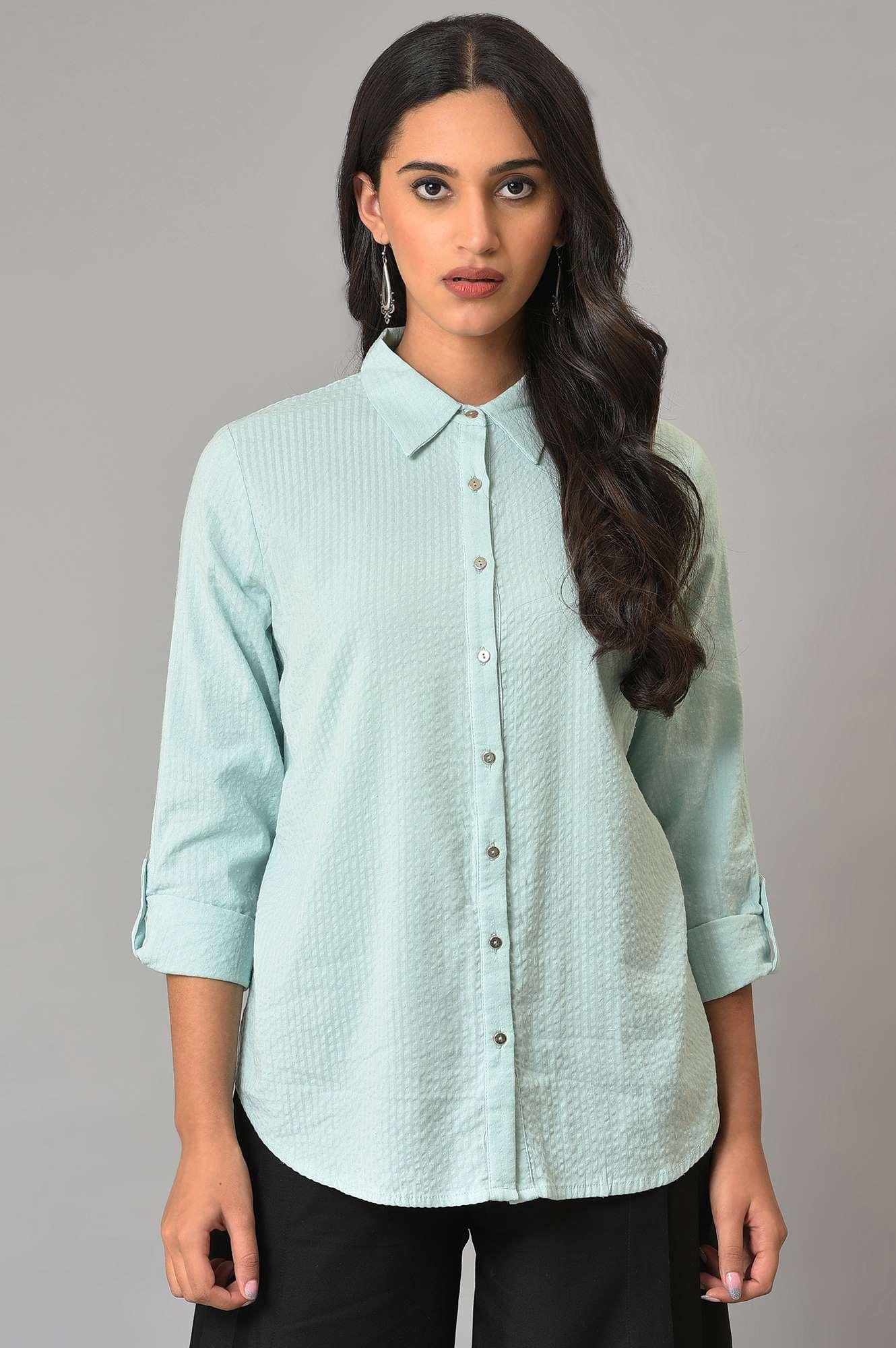 Light Blue Western Button-Down Top - wforwoman