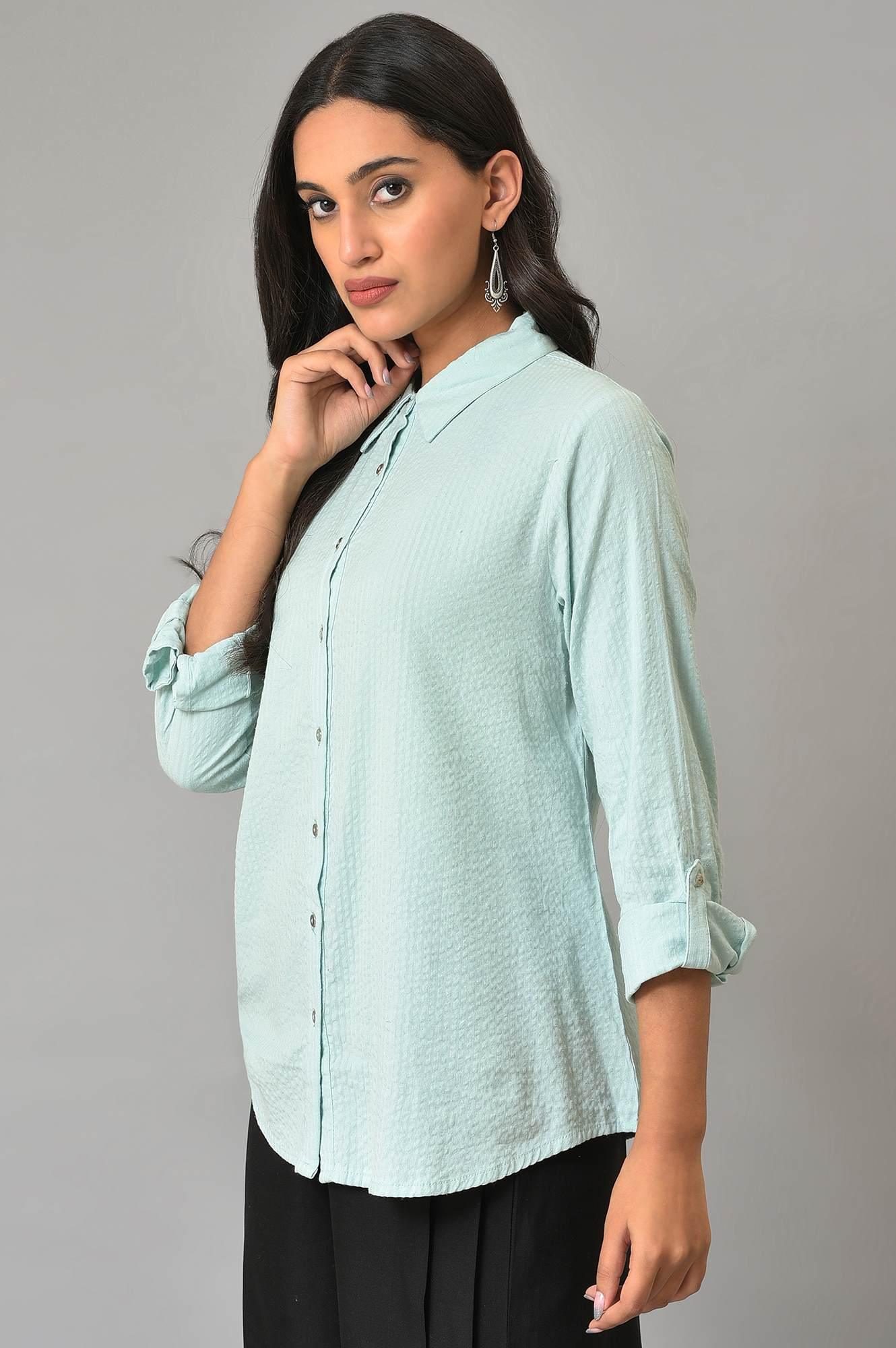 Light Blue Western Button-Down Top - wforwoman
