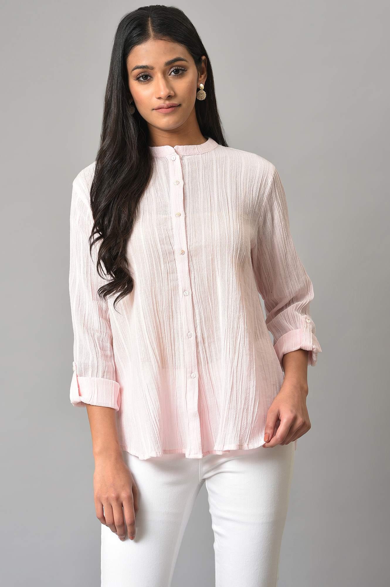 Light Pink Mandarin Collar Top - wforwoman