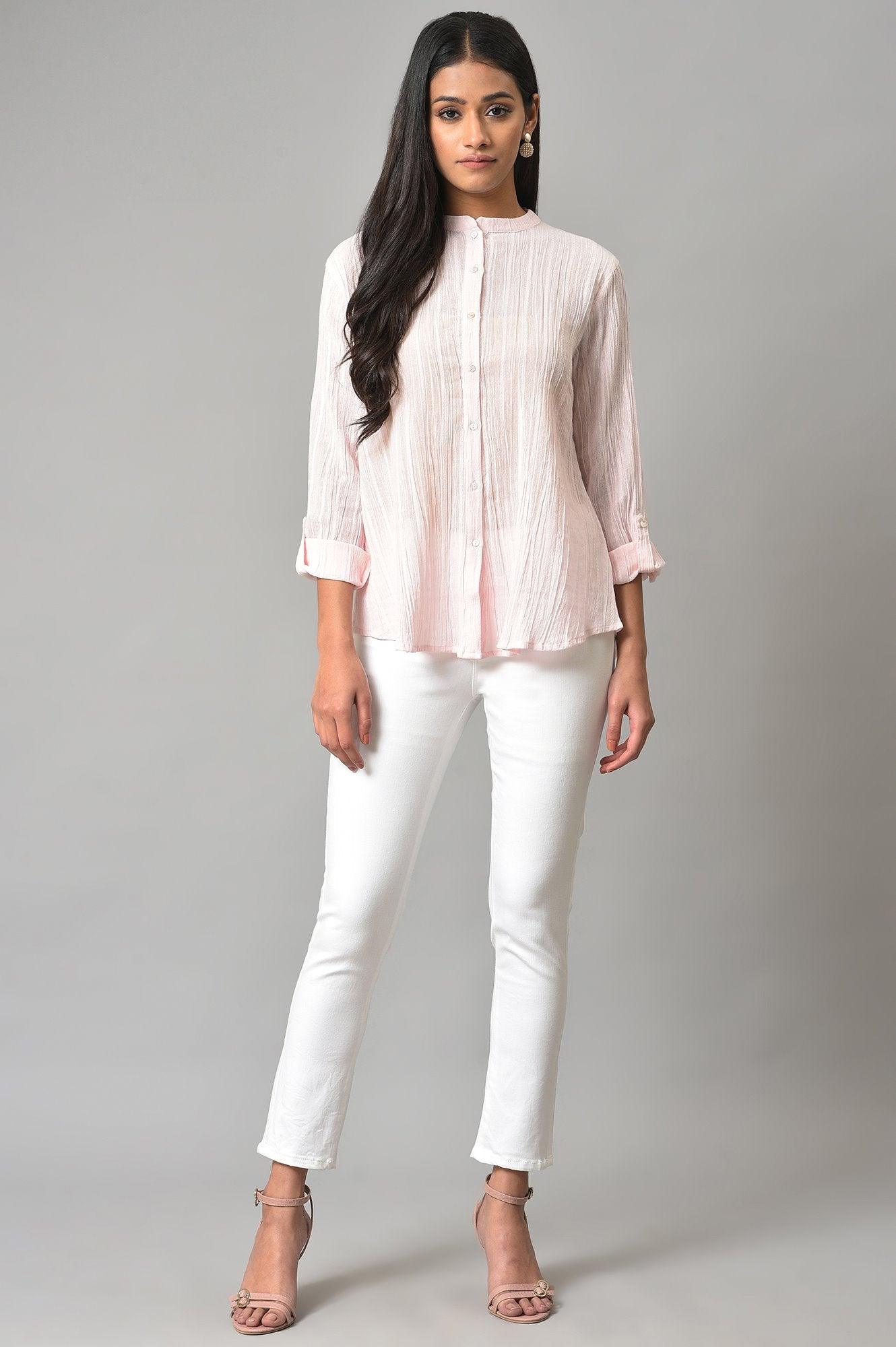 Light Pink Mandarin Collar Top - wforwoman