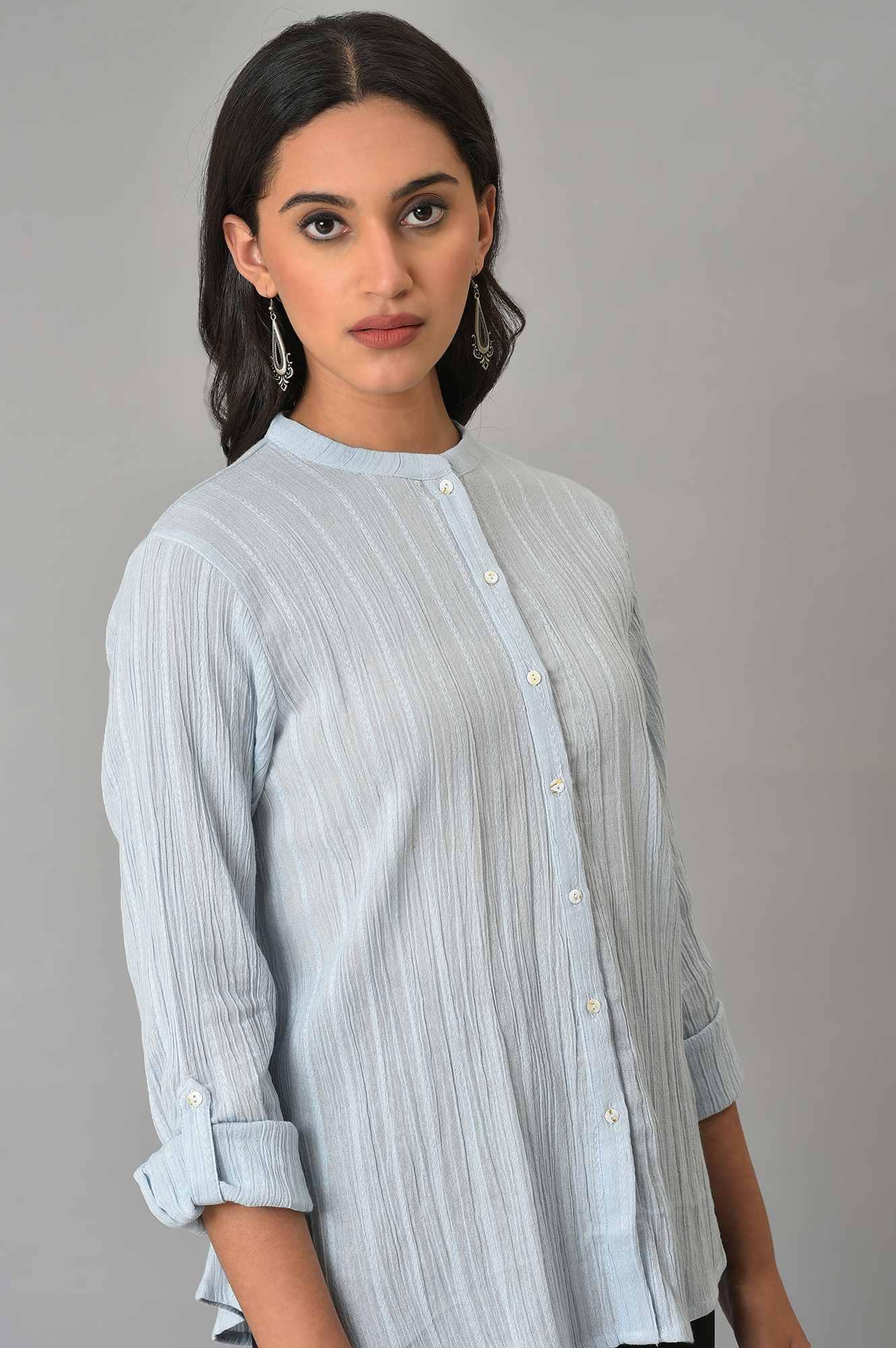 Light Blue Mandarin Collar Top - wforwoman