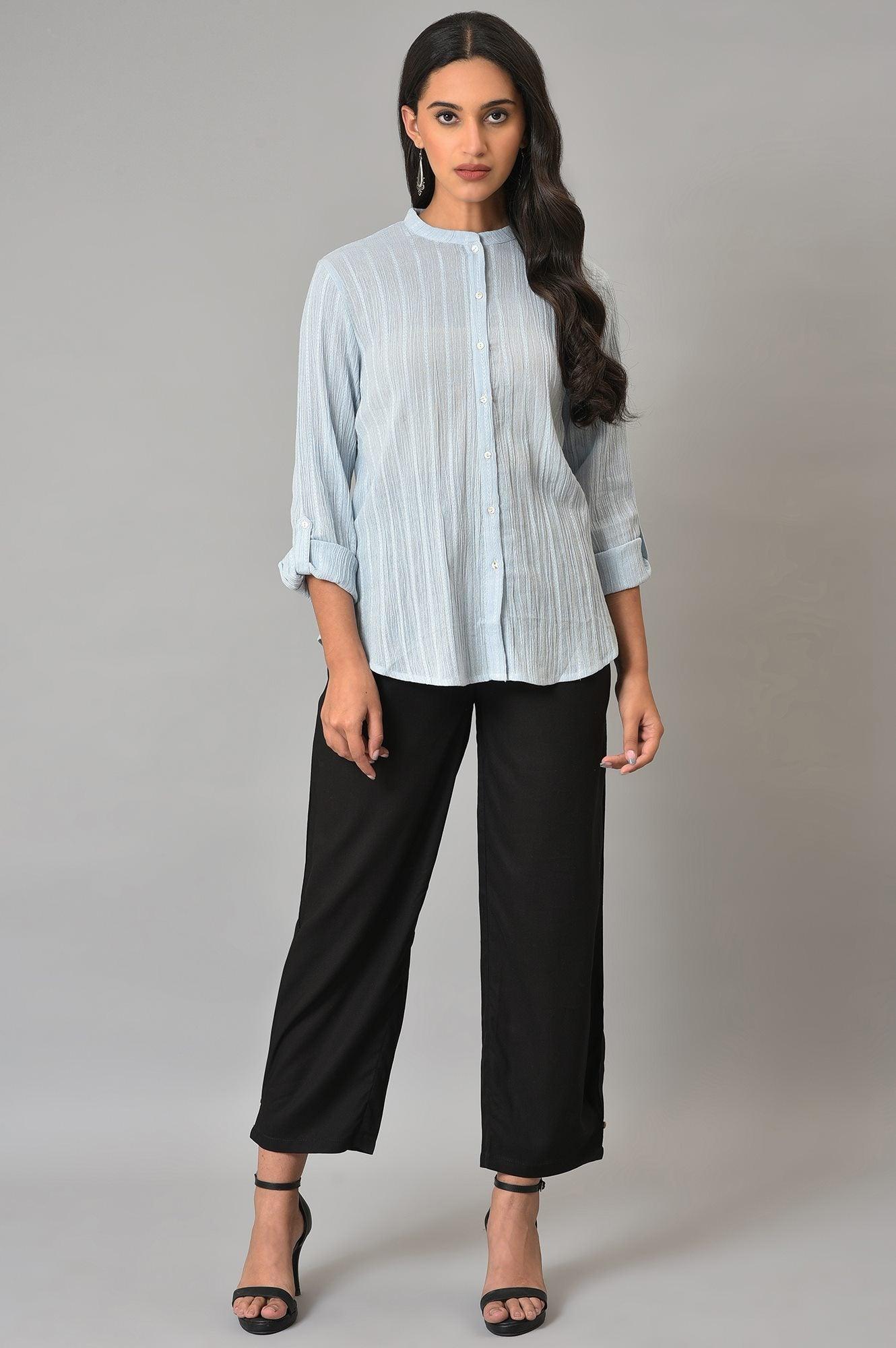 Light Blue Mandarin Collar Top - wforwoman