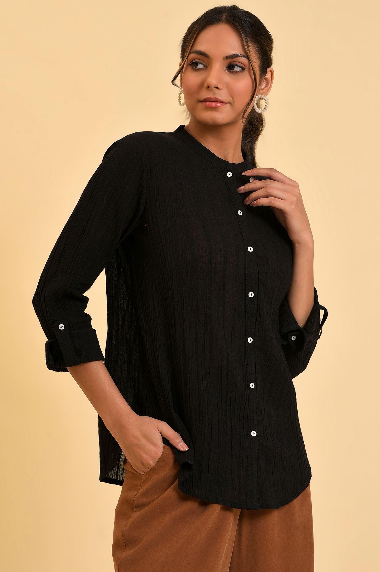 Black Mandarin Collar Top - wforwoman