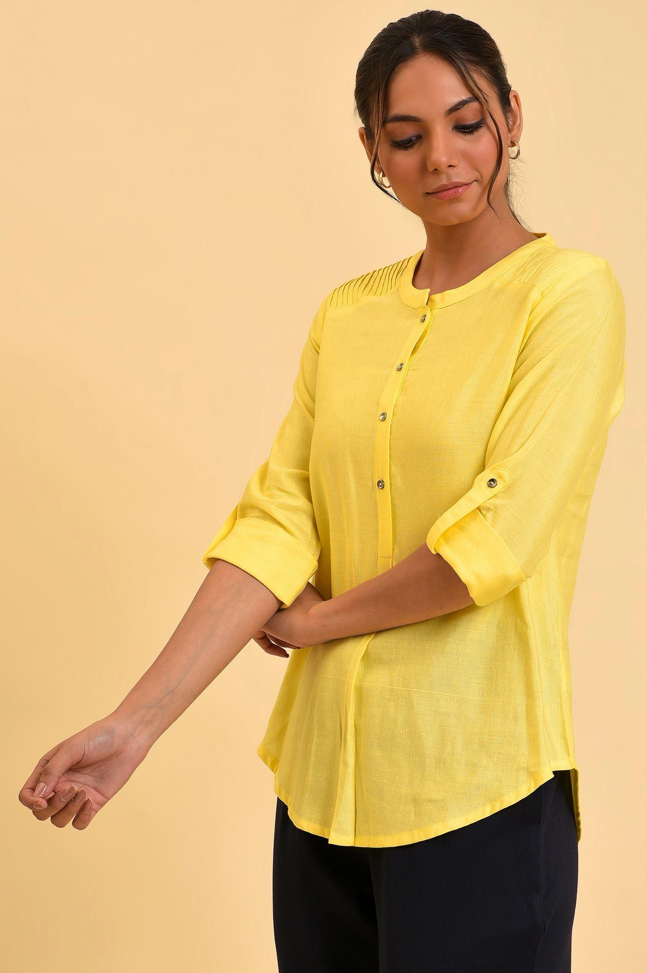 Yellow Blue Cotton Flax Top - wforwoman
