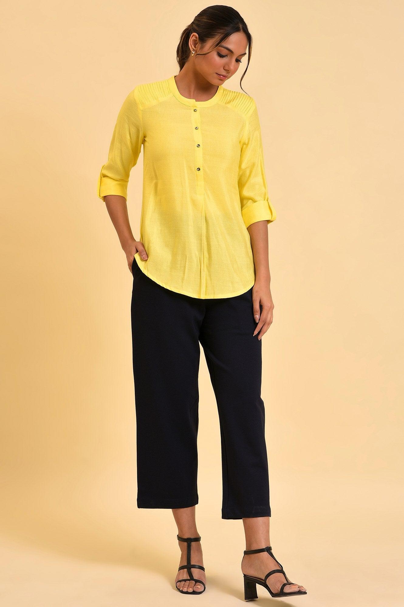 Yellow Blue Cotton Flax Top - wforwoman