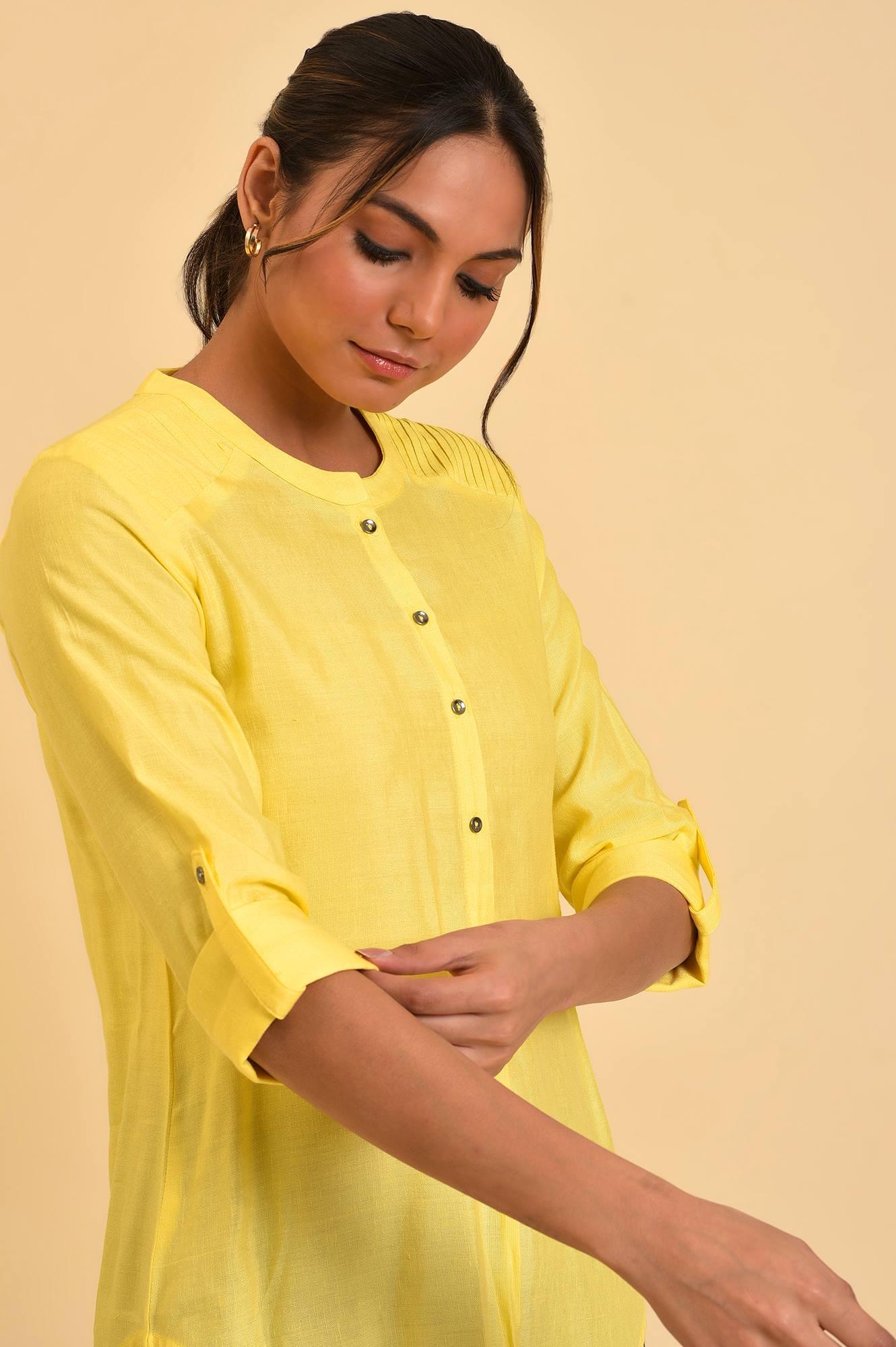 Yellow Blue Cotton Flax Top - wforwoman