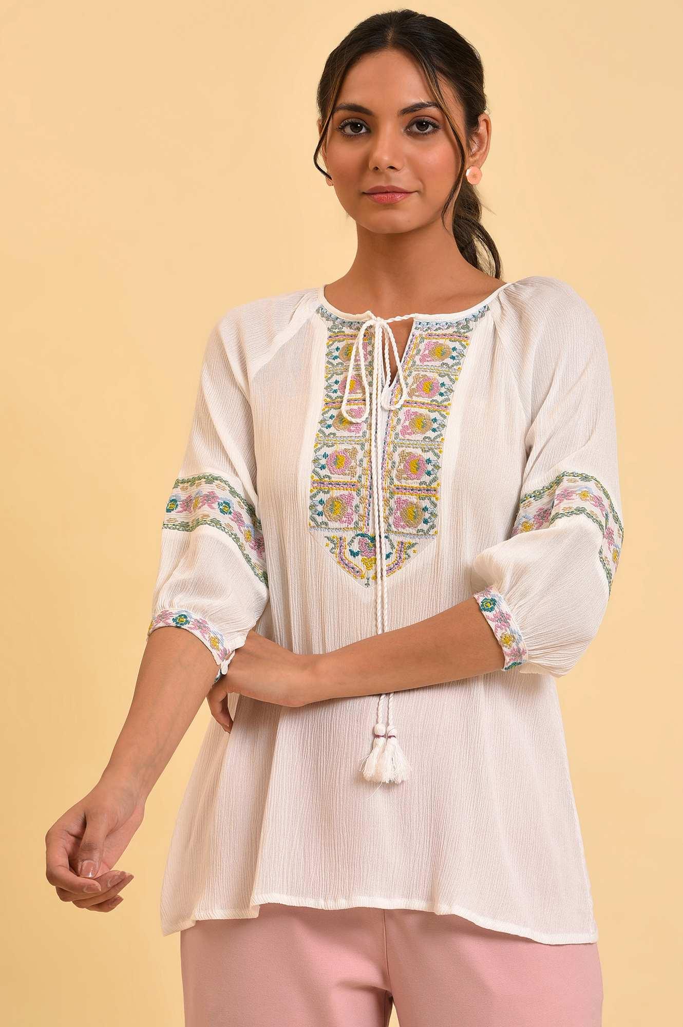 Ecru Embroidered Flared Top - wforwoman