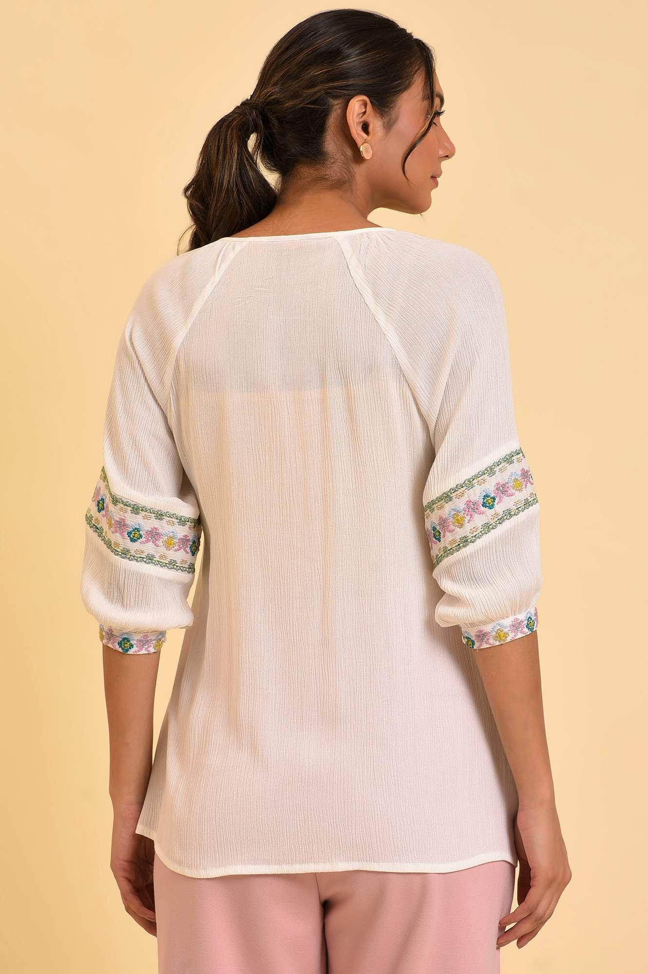 Ecru Embroidered Flared Top - wforwoman