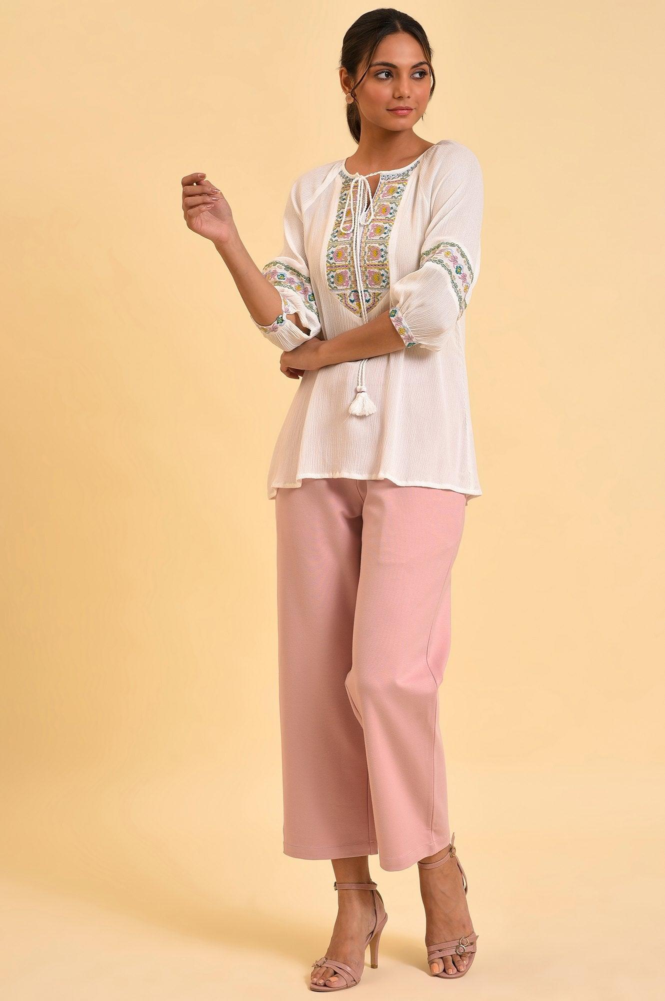 Ecru Embroidered Flared Top - wforwoman