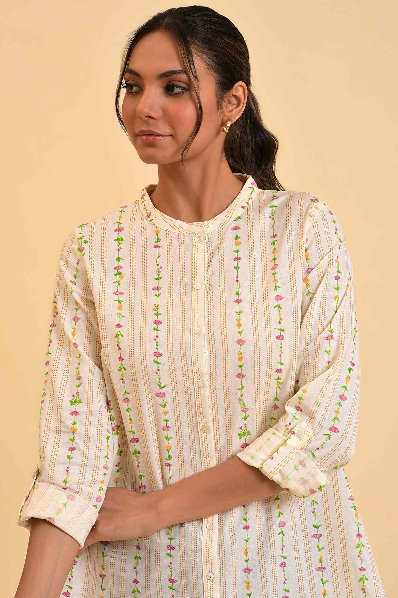 Ecru Button Down Floral Printed Top - wforwoman