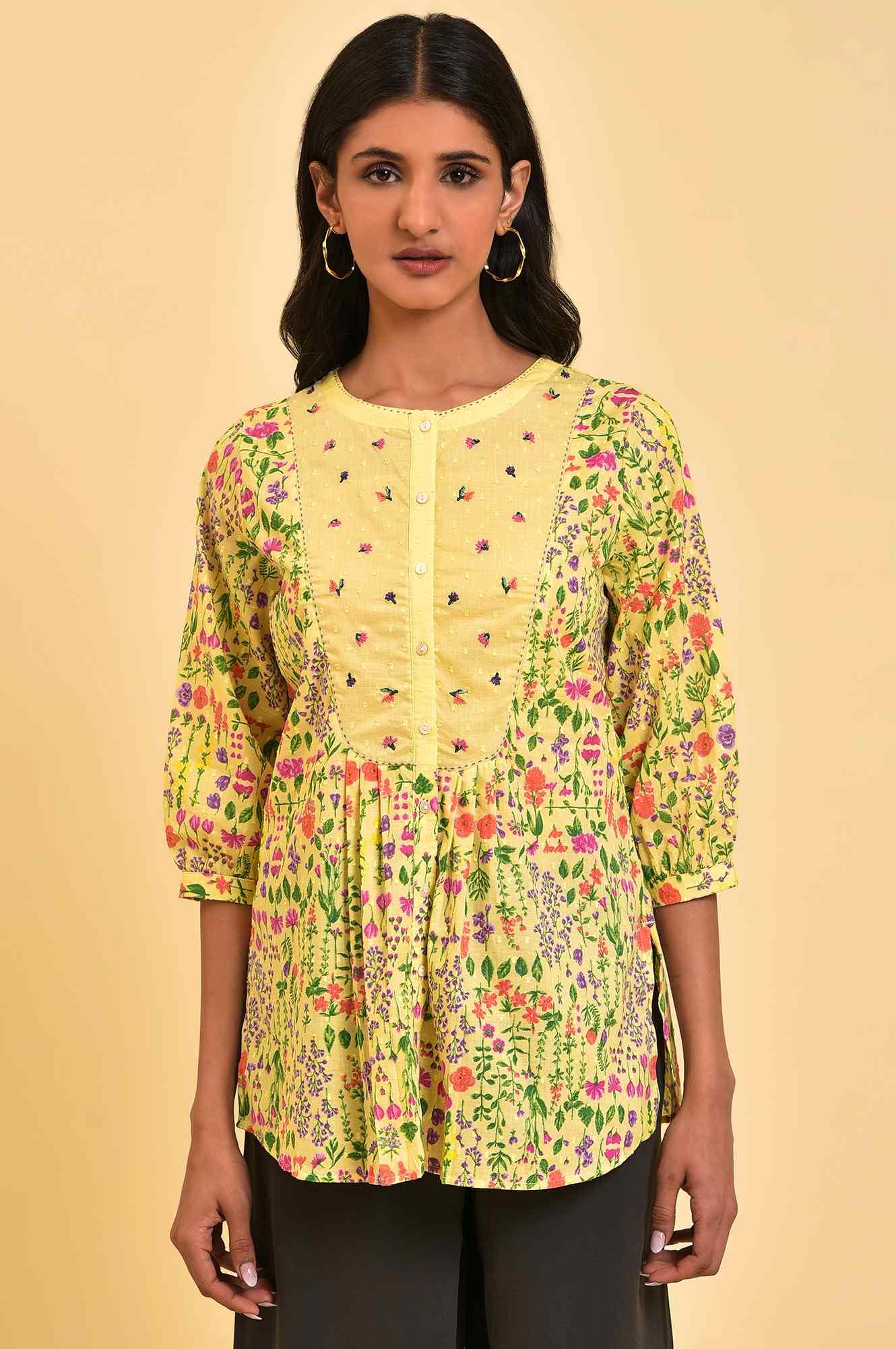 Yellow Floral Printed Top With Thread Embroidery - wforwoman