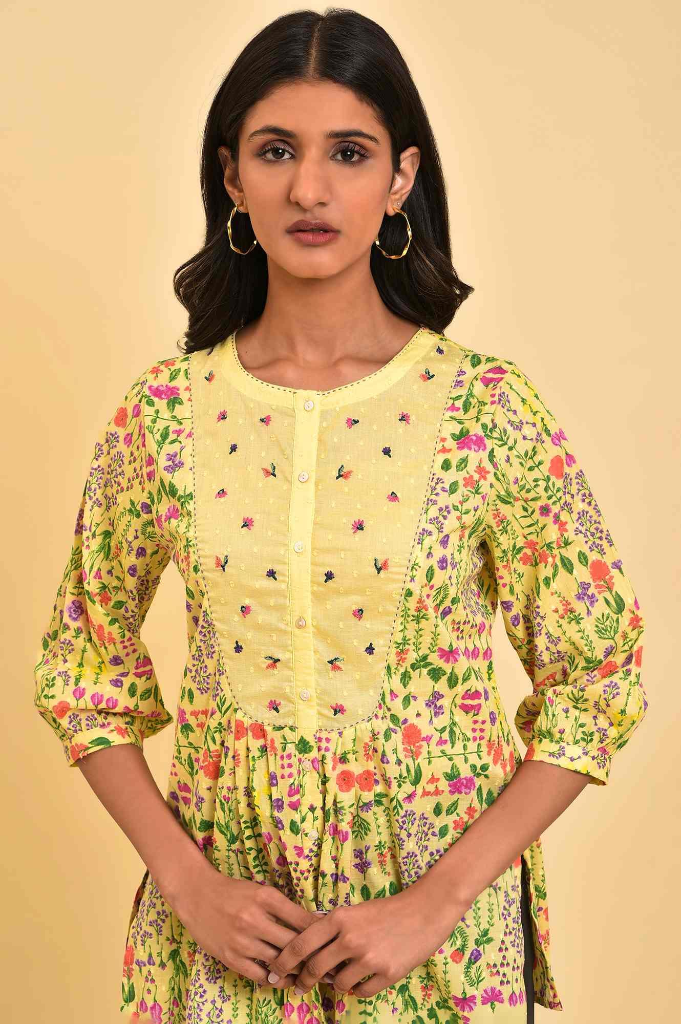 Yellow Floral Printed Top With Thread Embroidery - wforwoman