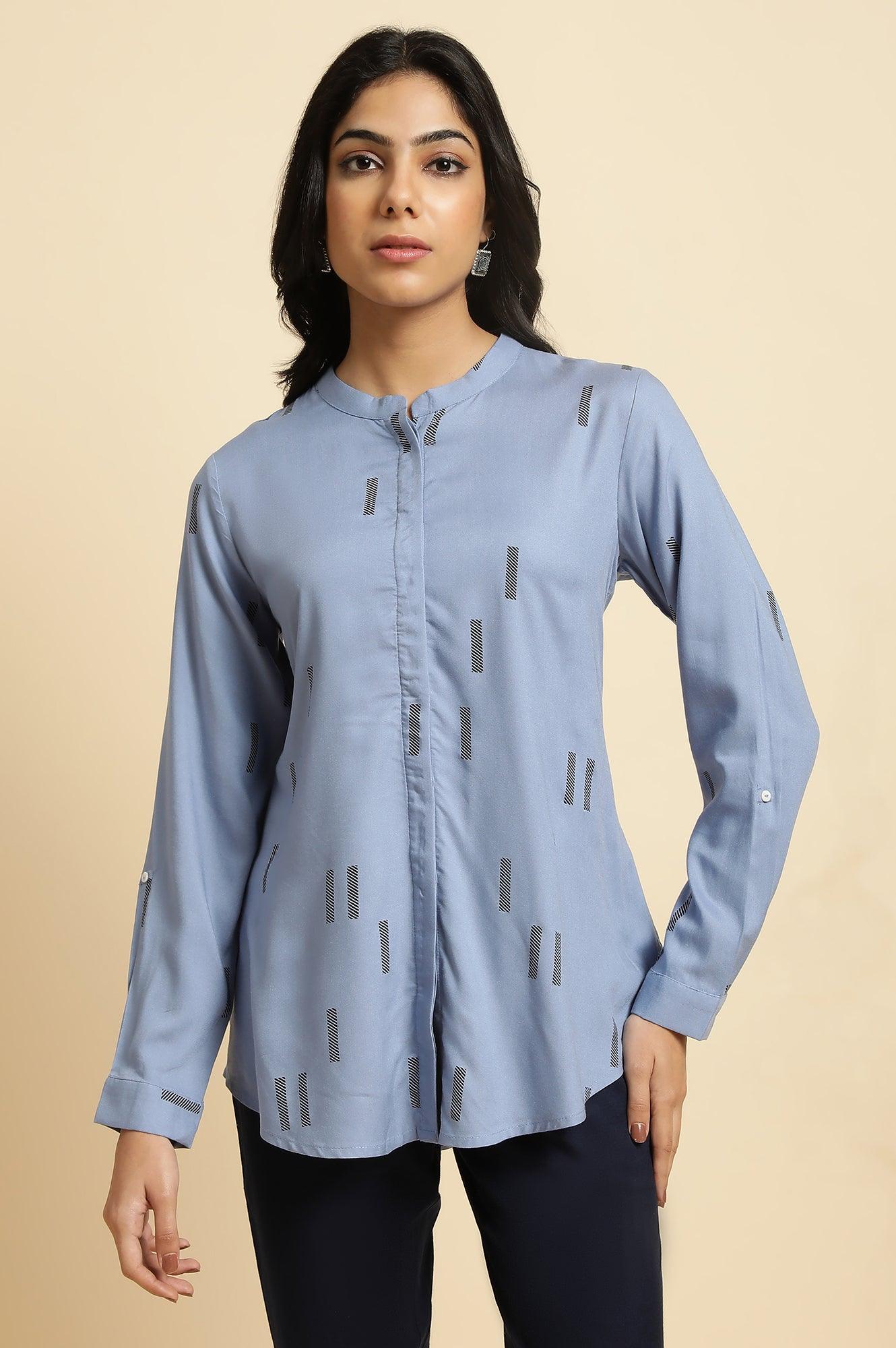 Blue Geometric Print Mandarin Collar Top - wforwoman