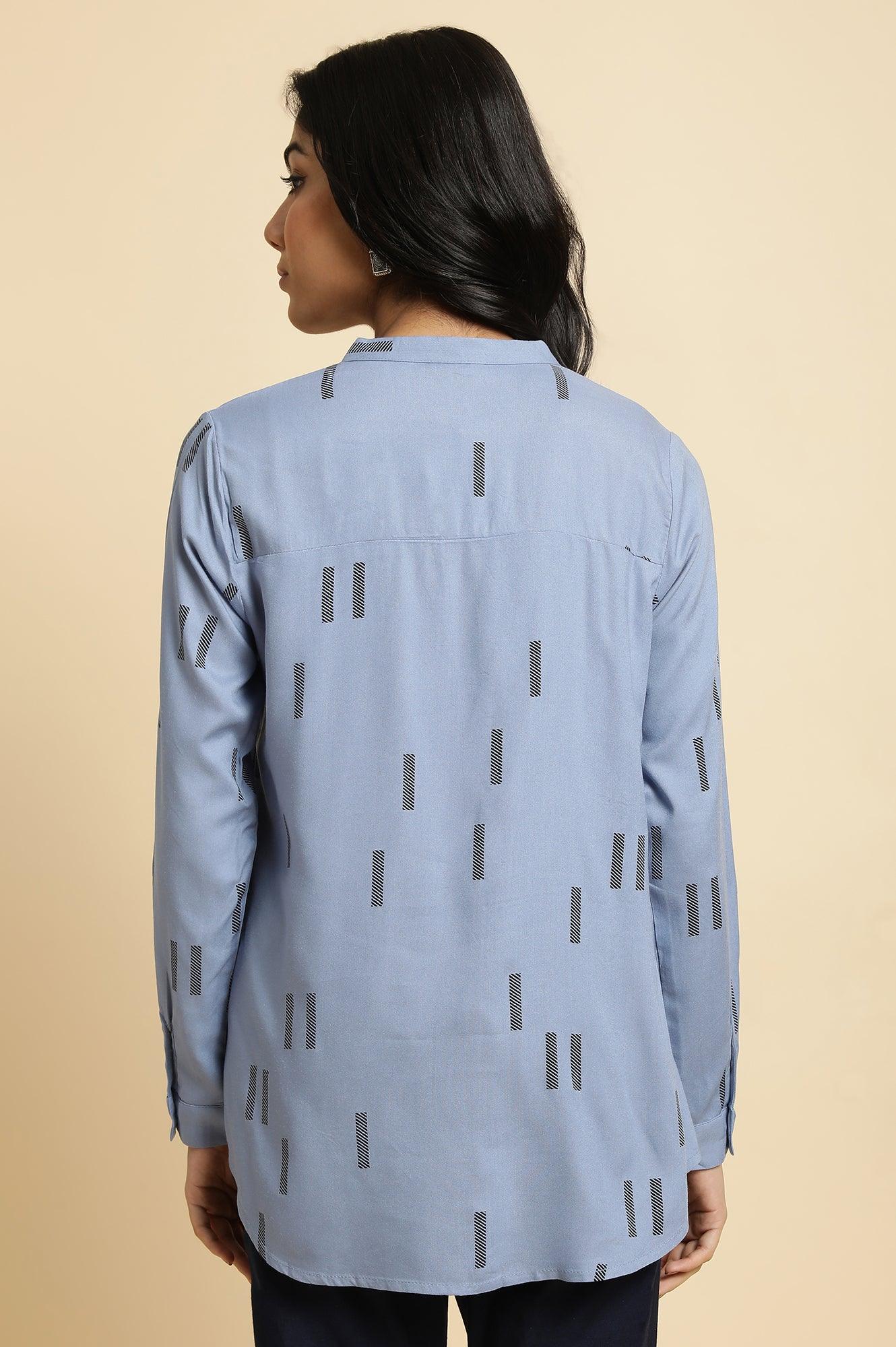 Blue Geometric Print Mandarin Collar Top - wforwoman