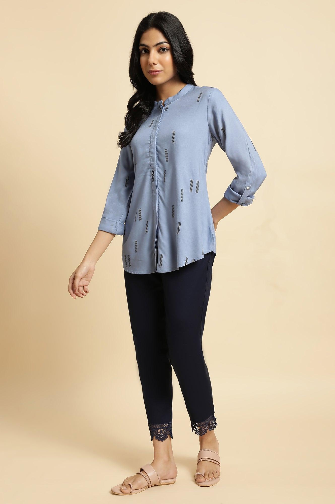 Blue Geometric Print Mandarin Collar Top - wforwoman